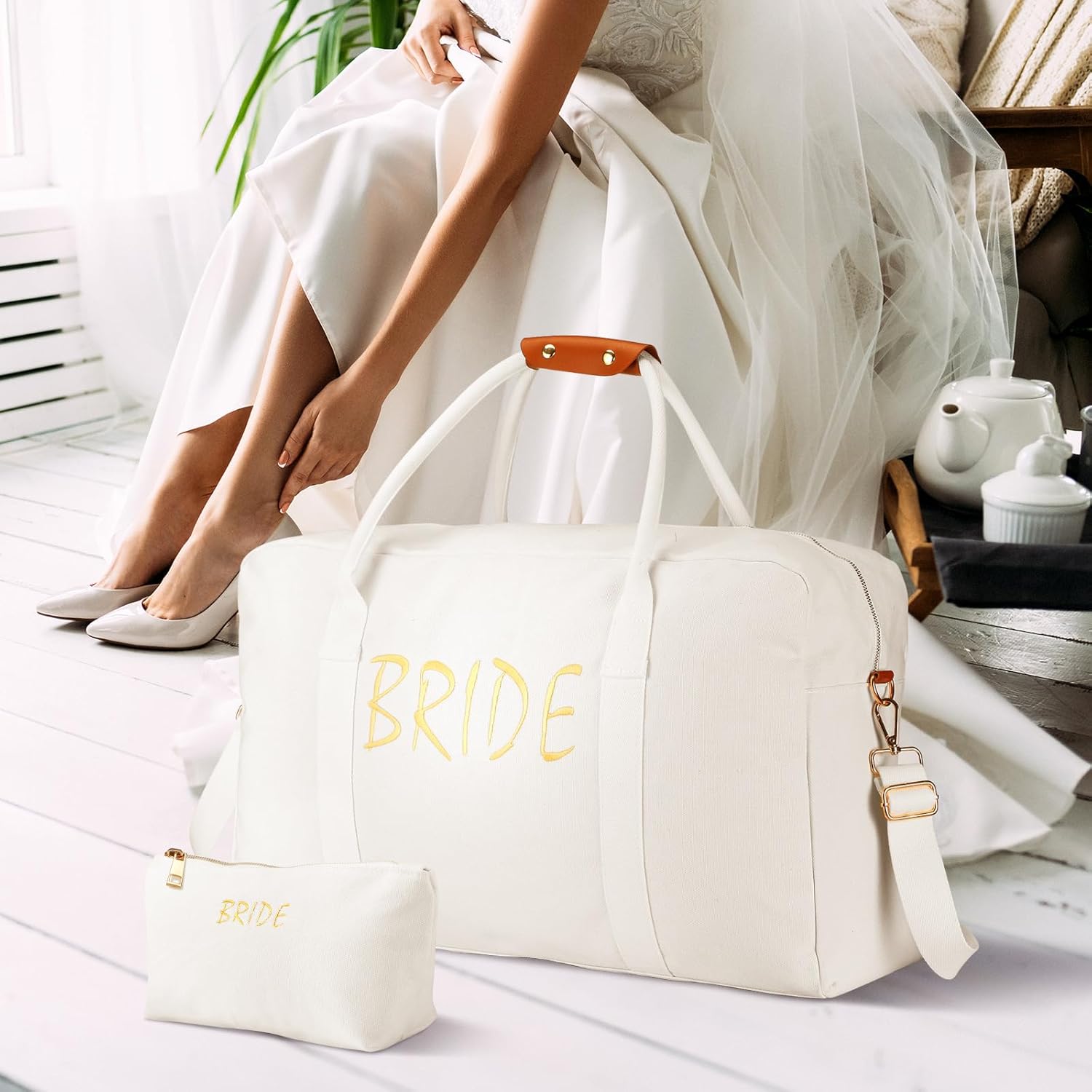 2 Pcs Wedding Weekender Bag for Women Bridal Shower Gifts Bride Travel with Shoe Compartment Shoulder Bride Bag with Chenille Letter Patch Makeup Gift for Wedding Engagement Honeymoon - Image 4