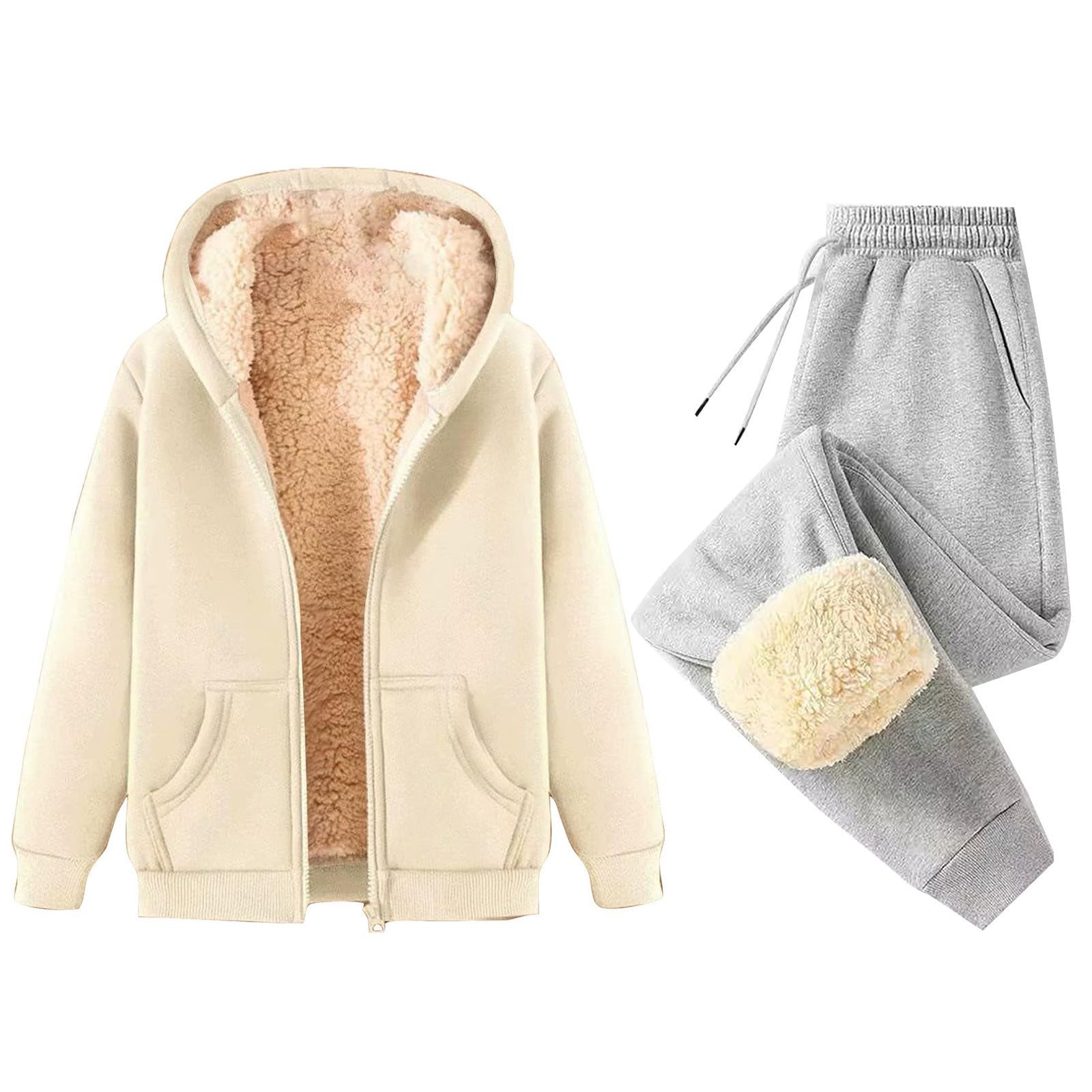 Chándal de invierno para mujer, deportivo, de forro polar, cálido, sudadera con cremallera, capucha y pantalones de terciopelo, conjunto de 2 piezas, chándal de gimnasia de vellón forrado