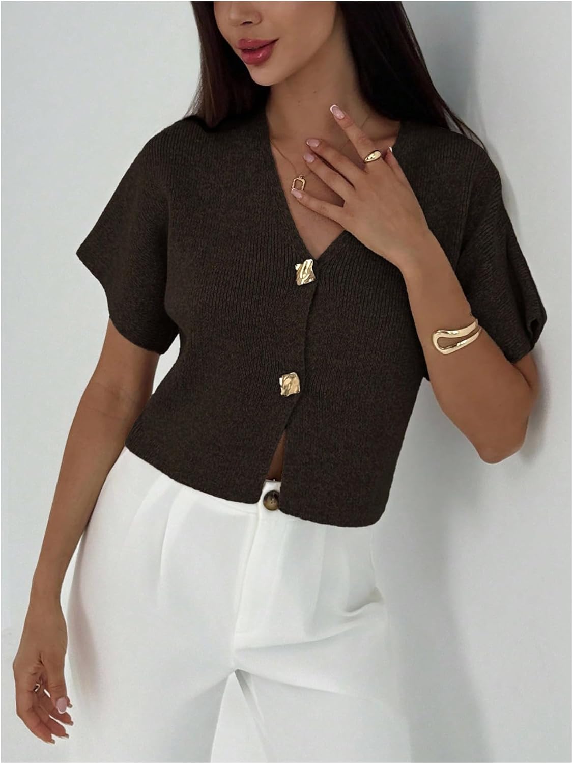 SOLY HUX Women's Short Sleeve Office Spring Winter Cardigan Sweater Button Down V Neck Slim Fit Elegant Knit Tops - Image 2