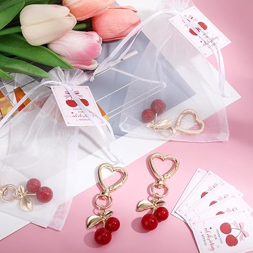 Miniatura 4 de Juego de 25 decoraciones de cereza en la parte superior para baby shower, llavero de cereza para bolso, regalos de frutas rojas con tarjeta para