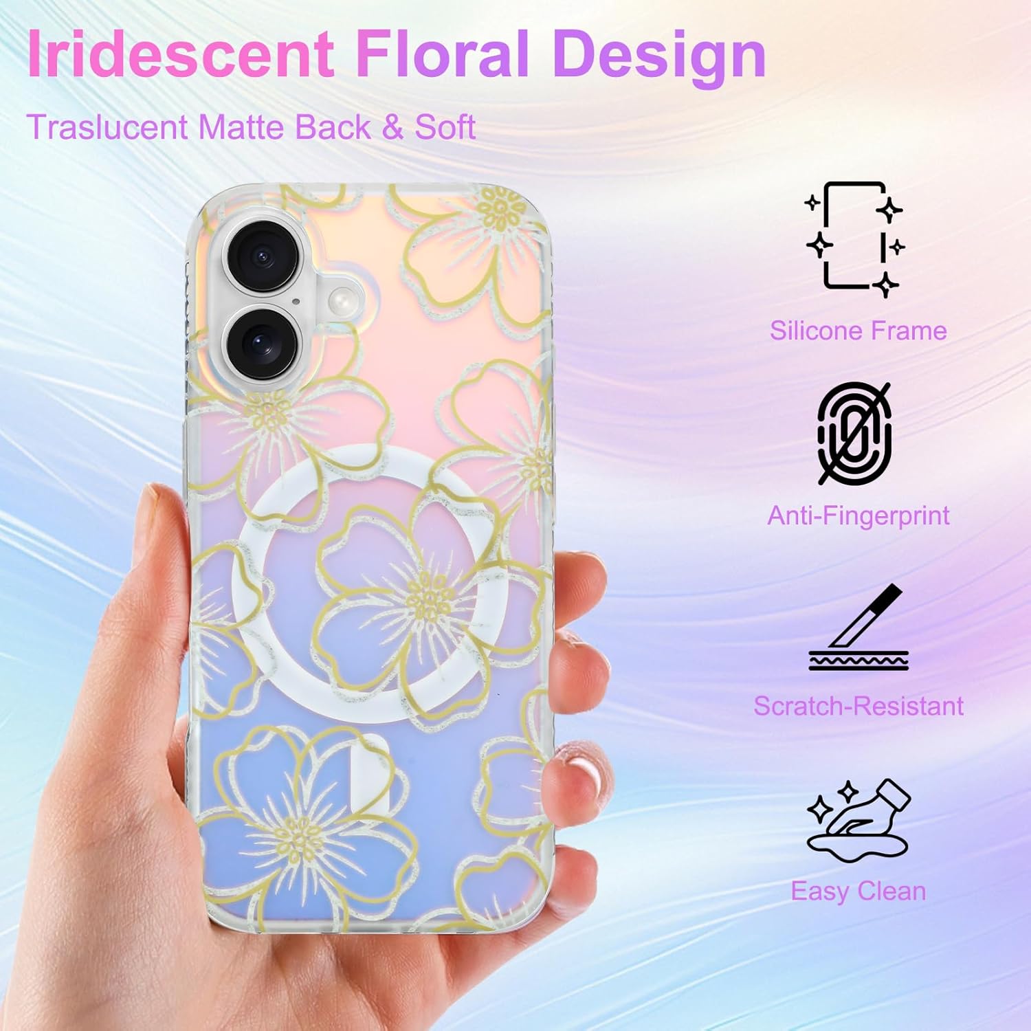Iridescent Floral Case for iPhone 17, Compatible with MagSafe, Cute Flower Glitter Shiny Laser Design, Shockproof Protective Phone Cover for Women Girls, Line Flower