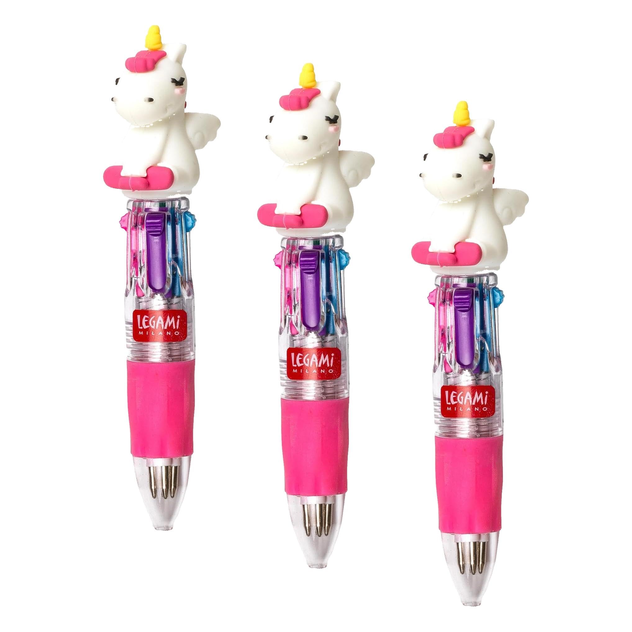 LEGAMI MRP0001 - Mini Kugelschreiber 4 Farben, Mini Magic Rainbow, 2,3 x 10 cm, Tinte 4 Farben, Grün, Hellblau, Violett, Rosa, Spitze 1 mm, ergonomischer Griff aus Silikon (Packung mit 3)