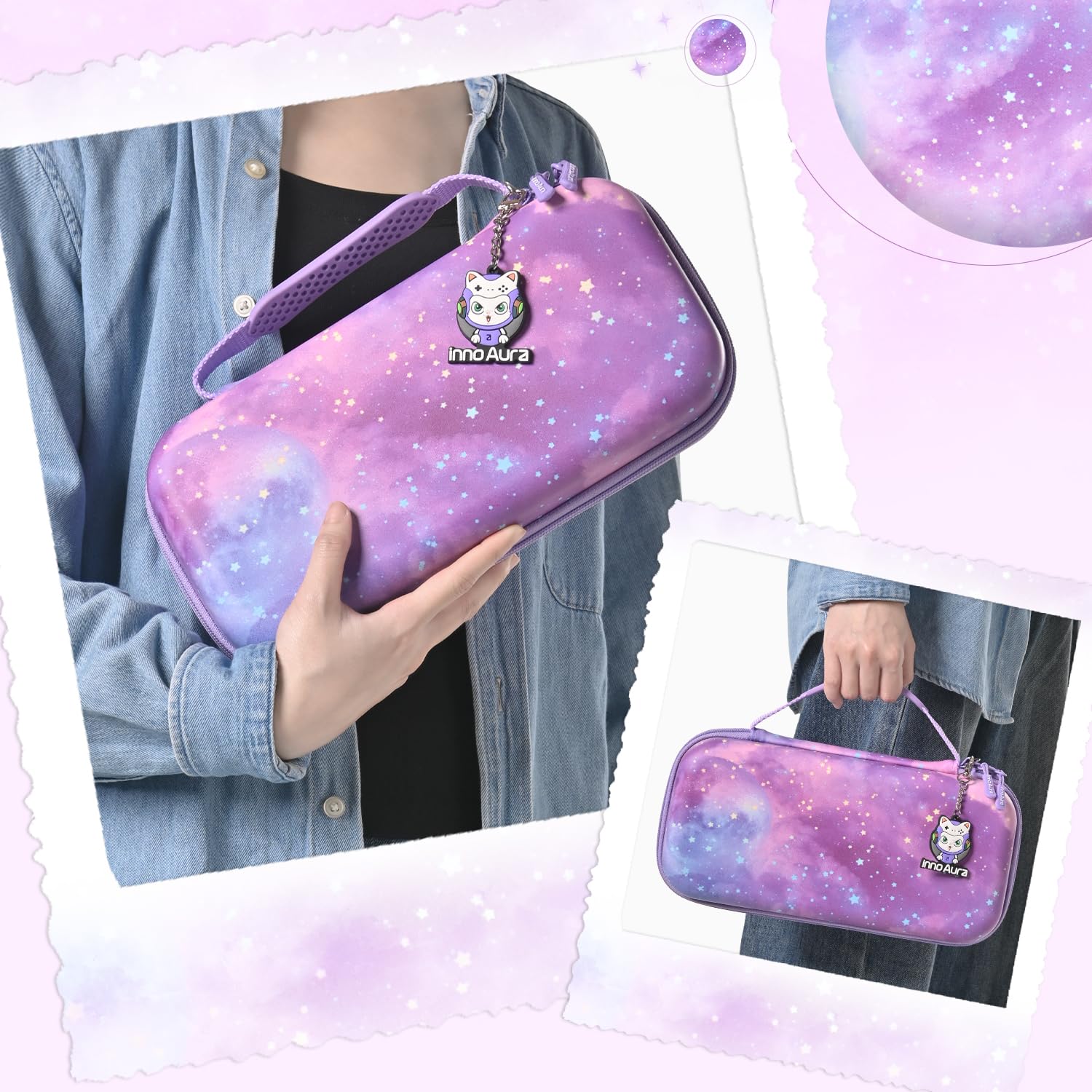 innoAura Étui Switch 2, Étui PU Résistant aux Éclaboussures et Chocs pour Switch 2, Poche Maille Extra-Large, Double Fermeture Éclair, Emplacement AirTag (Non Inclus), Violet Galaxy