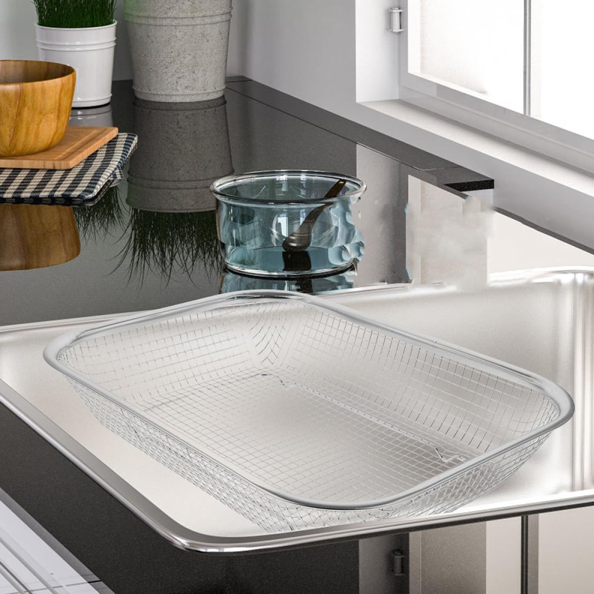 2pcs Small Stainless Steel Mesh Drain Basket Strainer for Vegetables and Fruits, Rectangle Kitchen over Sink Colander, Sturdy Metal Wire Food Drainer for Home Cooking