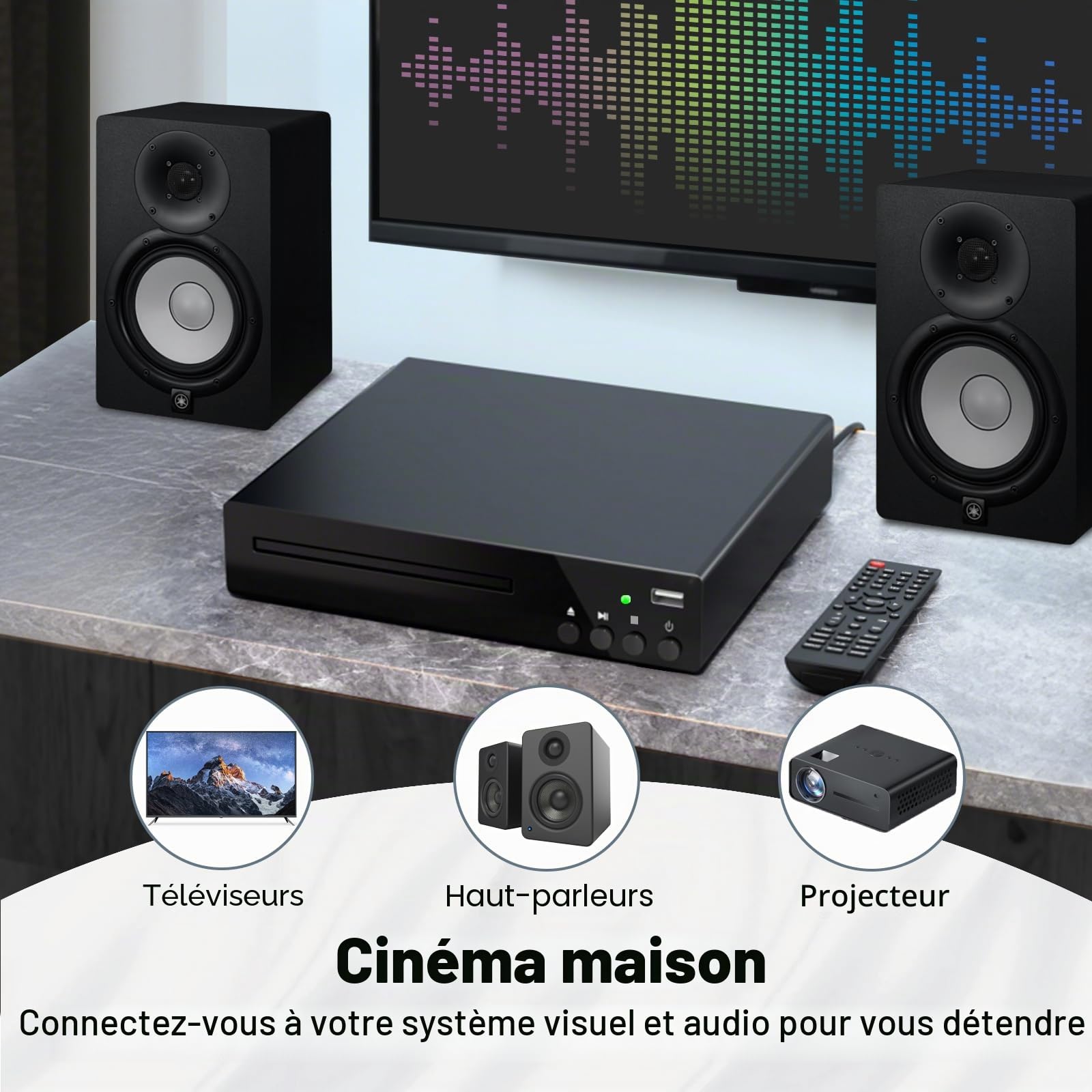 Lecteur DVD Compact pour Télévision, Lecteur DVD HDMI 1080P avec Port USB | Support Multi Région, Lecture CD & MP3, Entrée HDMI & AV Intégrée, Support NTSC/PAL