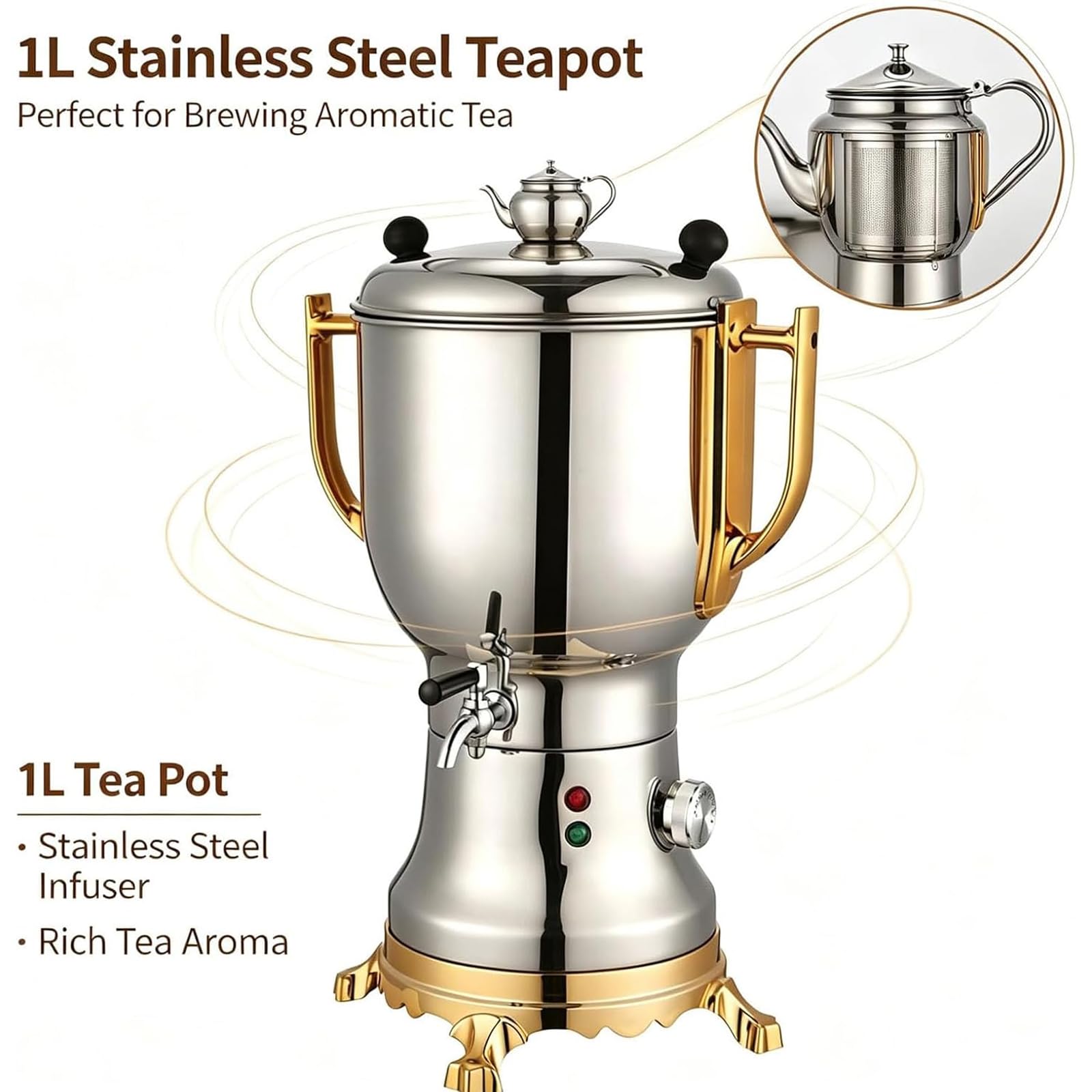 Samovar elettrico da 1800 W con teapo a 2 strati e acciaio inossidabile