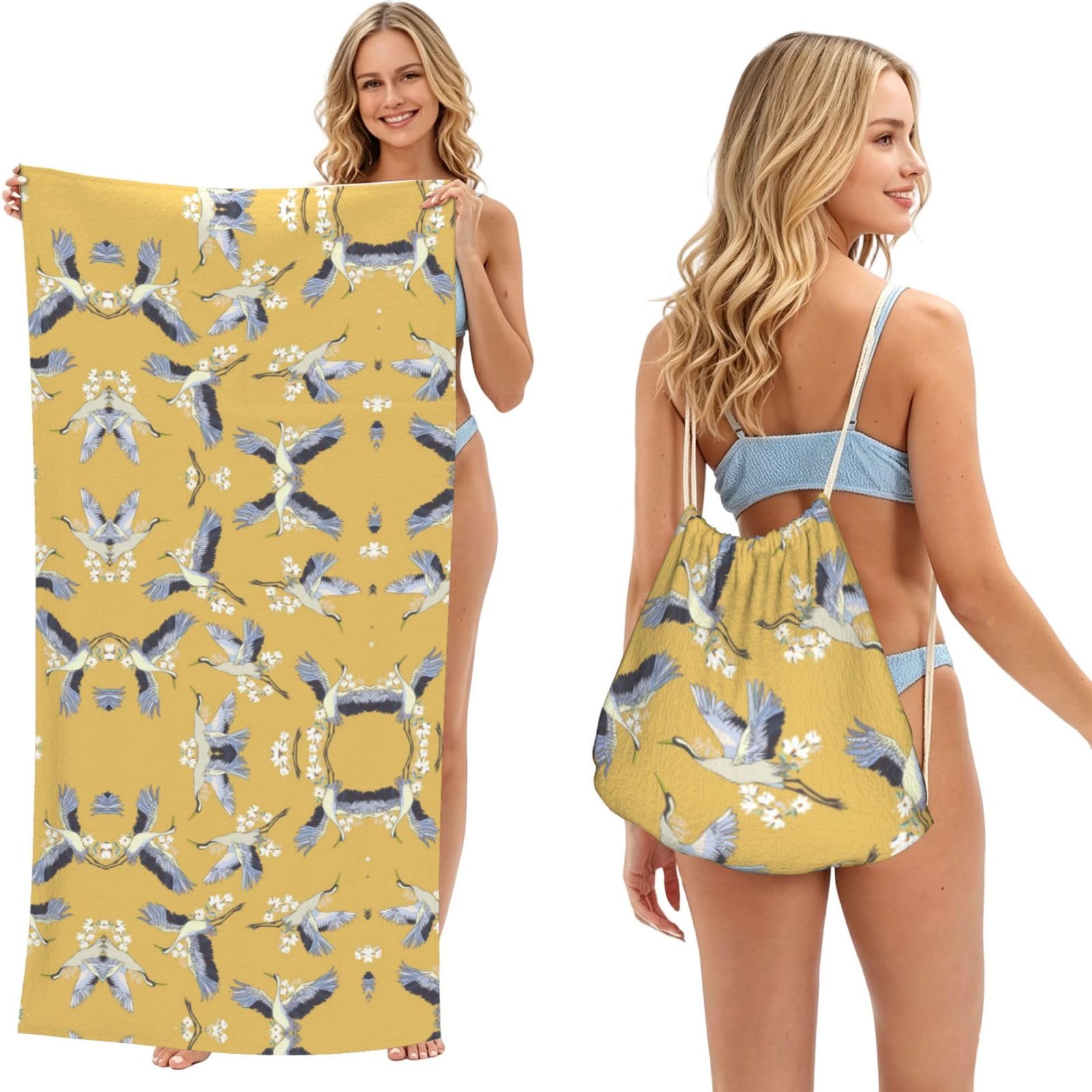 ESNAIUVCD Birds Print Beach Towel For Adults,Towel With Drawstring Bag, Travel Pool Swimming Sports Shower Sand Free Quick Dry Bath Towel For Pool, Beach, Yoga- 180x60cm