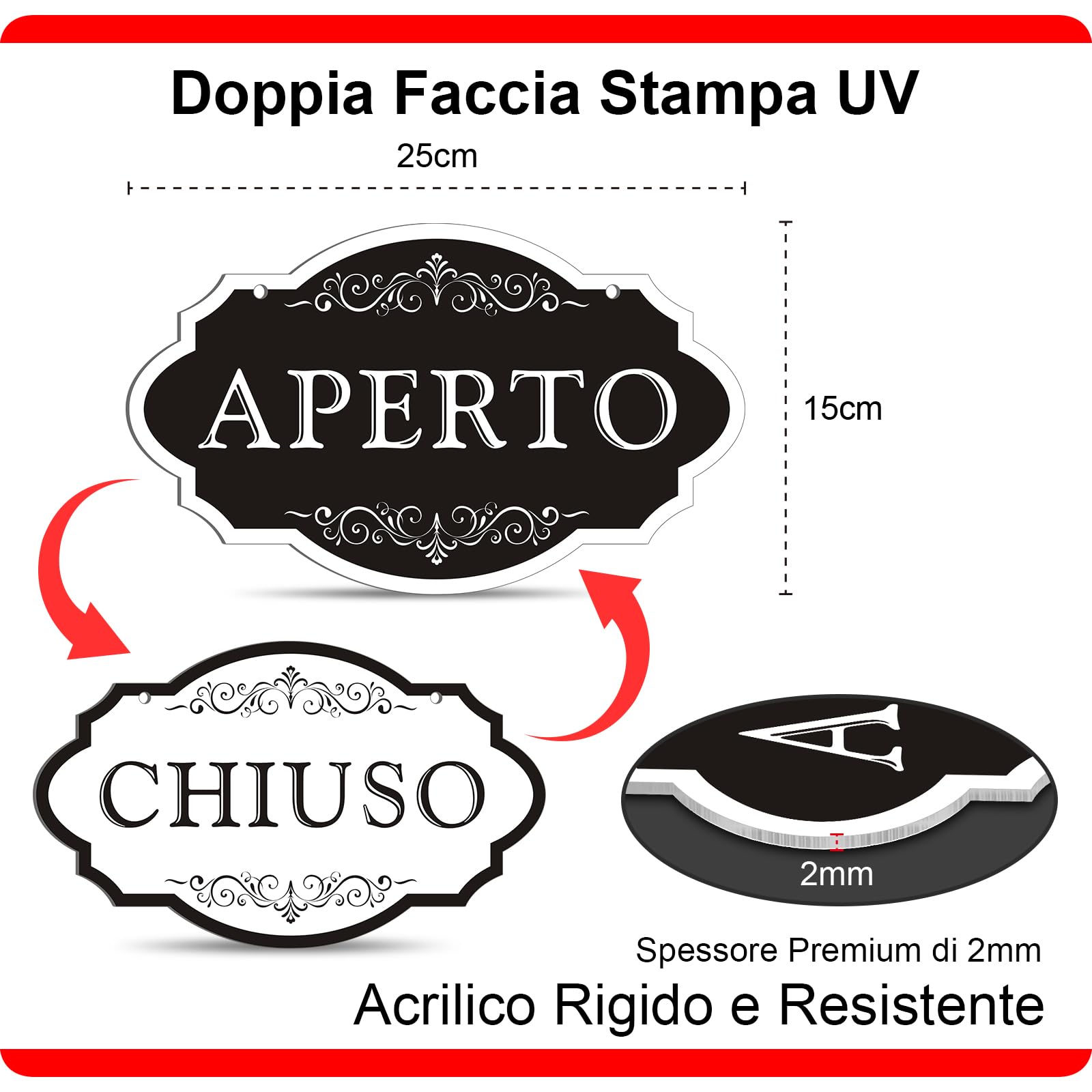 Cartello Aperto Chiuso per Negozio, In Acrilico Spesso 2mm, con Corda di Juta e Ventosa con Gancio - Completamente Attrezzato, Pronto all‘Uso (25x15 cm)