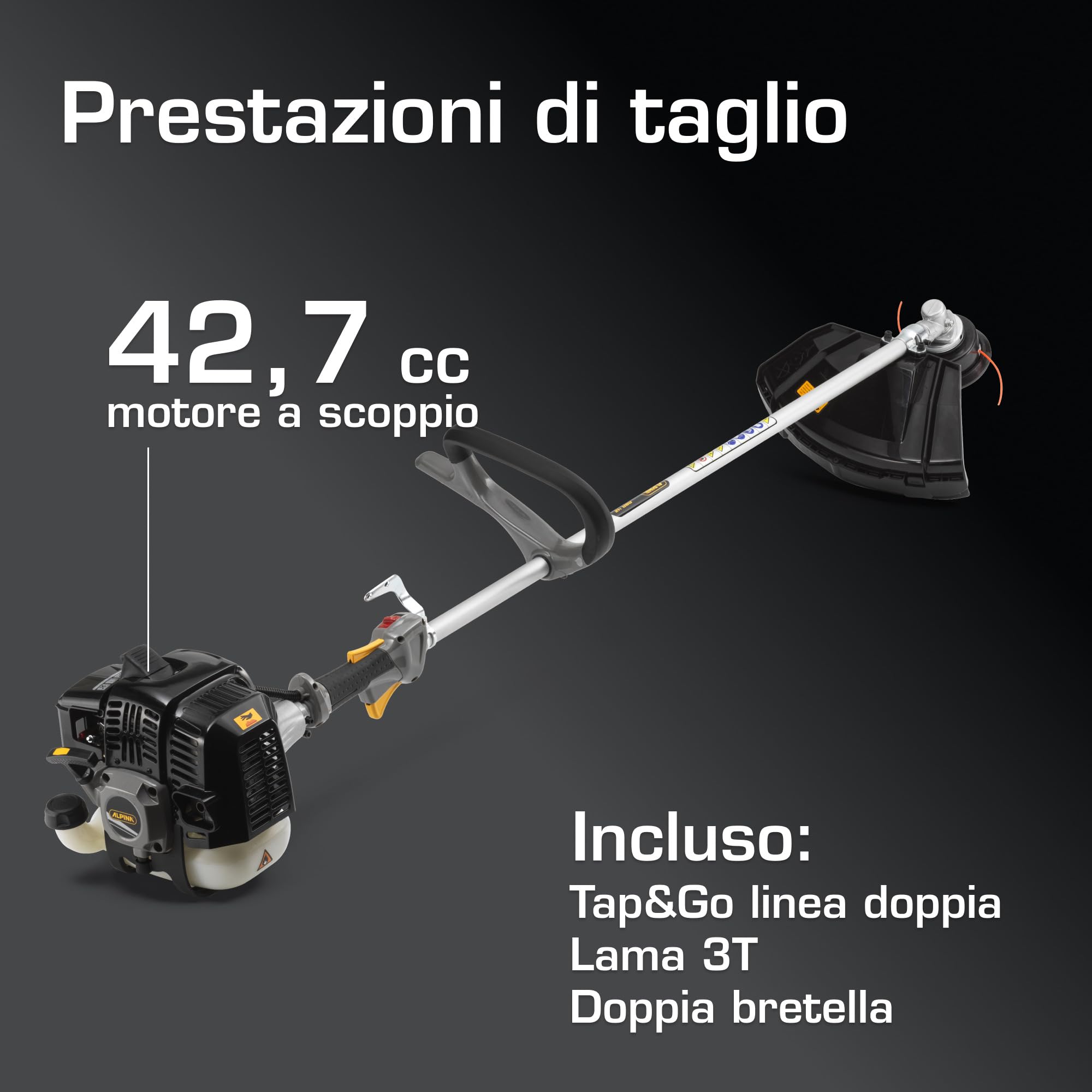 Alpina ABR 42 Decespugliatore, 42,7 cc, 1250 W – Lama 3 Denti, Testina Nylon Tap&Go – Per Giardini E Vegetazione Fitta