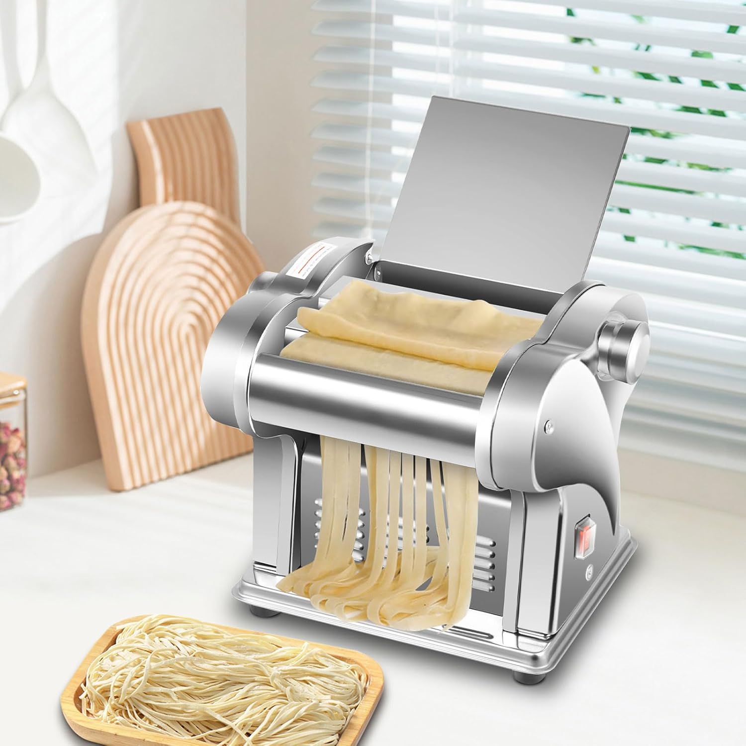 Electric Pasta Maker Automatic Noodle Machine 135W Stainless Steel Dough Roller Commercial Home Noodle Pressing Machine with Thickness Adjustable 0.5-3mm for Family Use 2 Blades Type