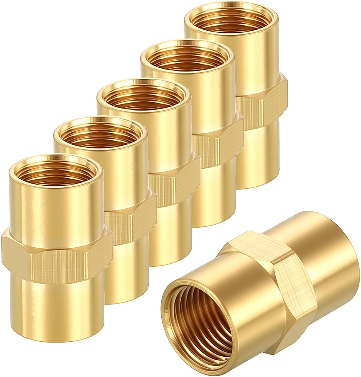 6 Packs FeMale to FeMale Adapters, 1/8" FNPT x 1/8" FNPT Brass Coupling Coupler Hex Head Pipe Fitting for Automotive, Fluid Transfer, Air Compressor, Water Treatment, Plumbing