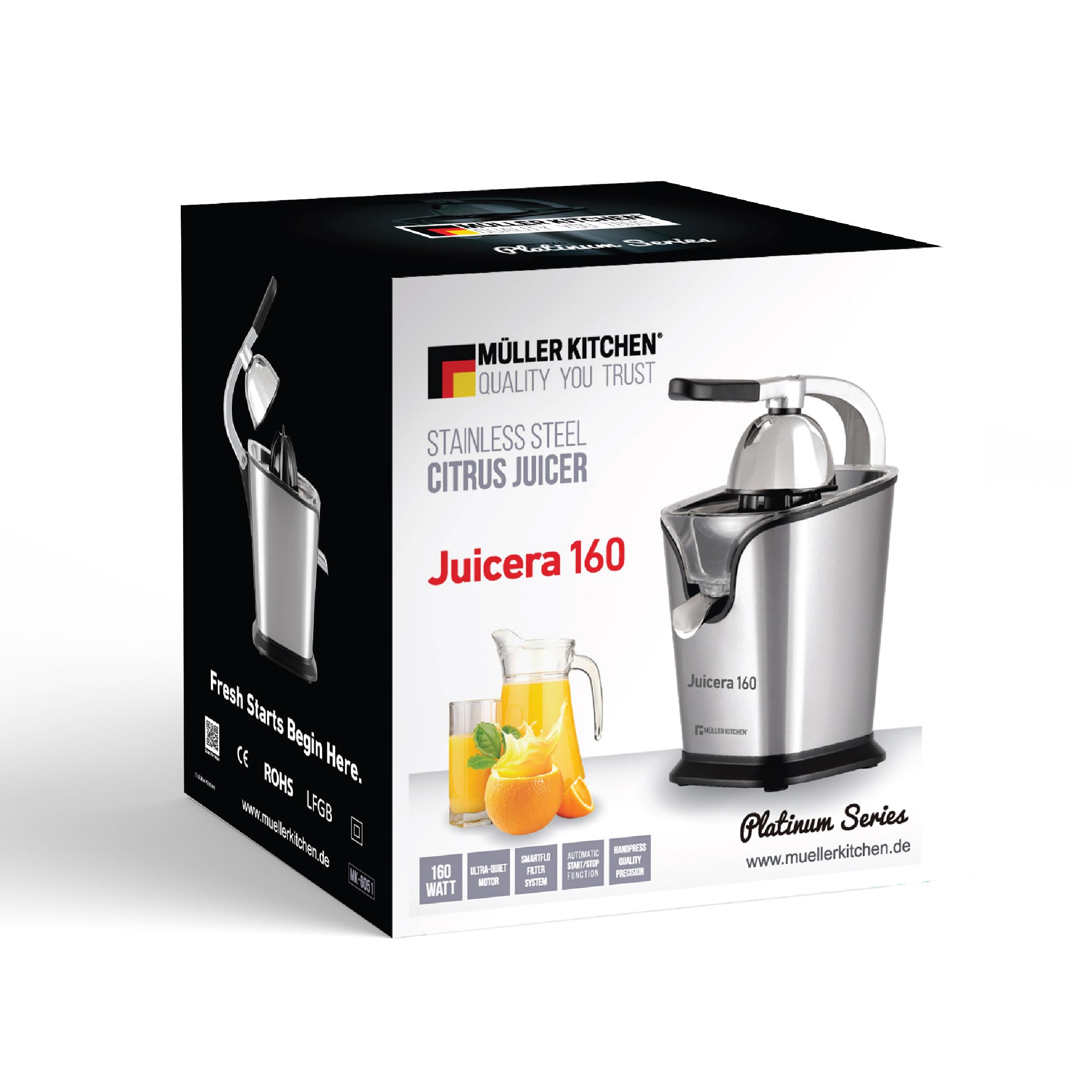 Muller Kitchen MK-6051 - Exprimidor eléctrico (motor de 160W, INOX filtrar, incluye 2 tamaños de cono, con brazo de palanca)