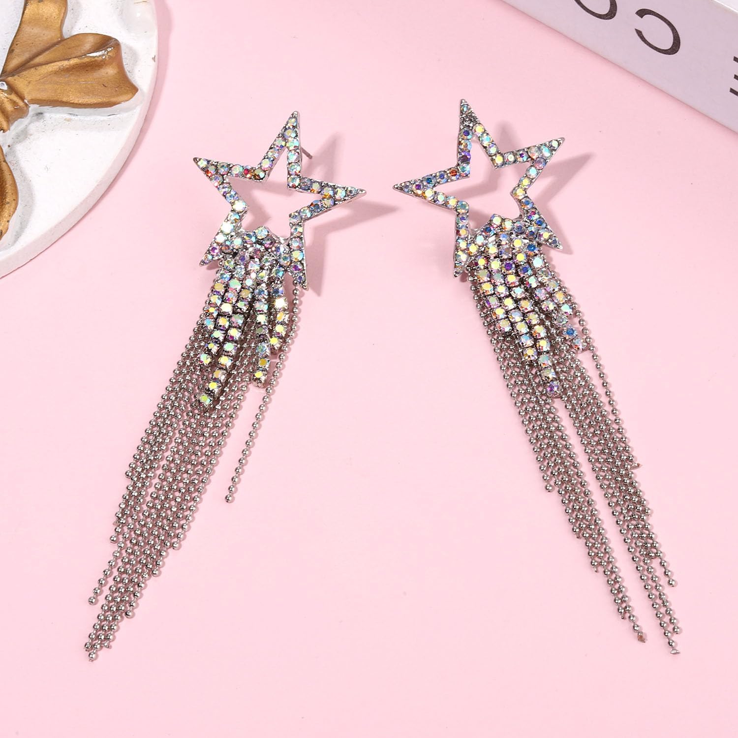Women’s Tassel Earrings Star Ear Stud Pave Crystal Dangle Earrings Boho Waterfall Beaded Fringe Drop Earring - Image 2