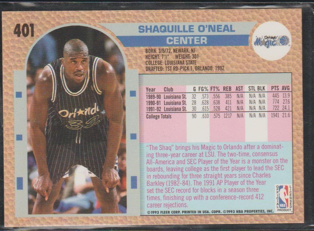 Amazon.com: 1992 Fleer Basketball Rookie Card (1992-93) #401 Shaquille O' Neal : Collectibles & Fine Art
