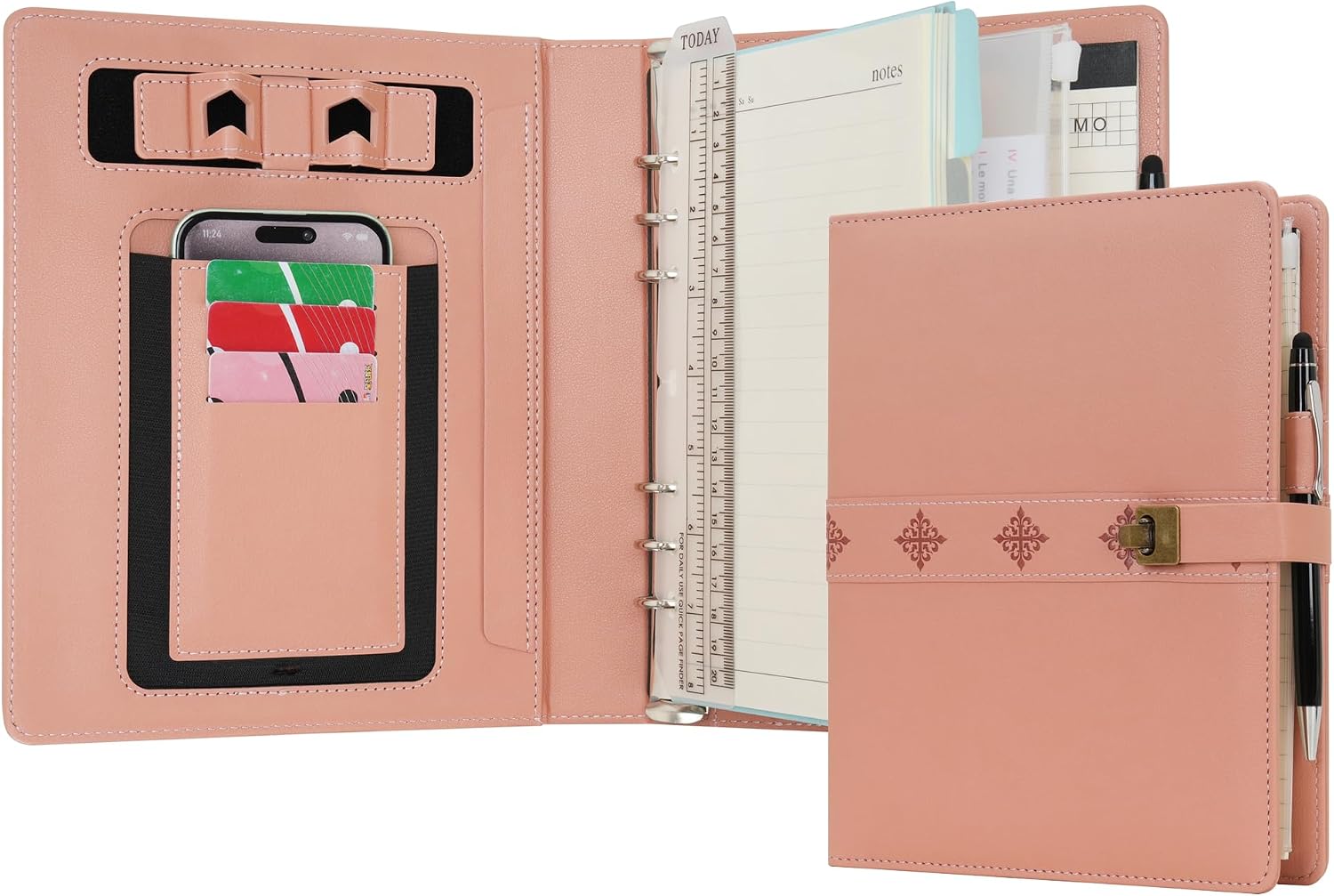 WASON A5 Journal Binder PU Leather Composition Notebook Ruled Spiral Diary Portfolio with Pen, Refillable Paper, Removable Clipboard, Notepad for Business Travel School Planner Organizer (Pink)