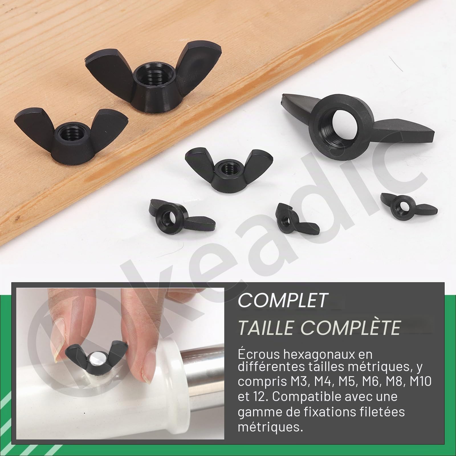 Keadic Lot de 110 écrous à ailettes métriques en nylon M3 M4 M5 M6 M8 M10 M12 Hand Twist Serrage Oreille Papillon Écrous à ailettes pour Home Building Industry (noir)