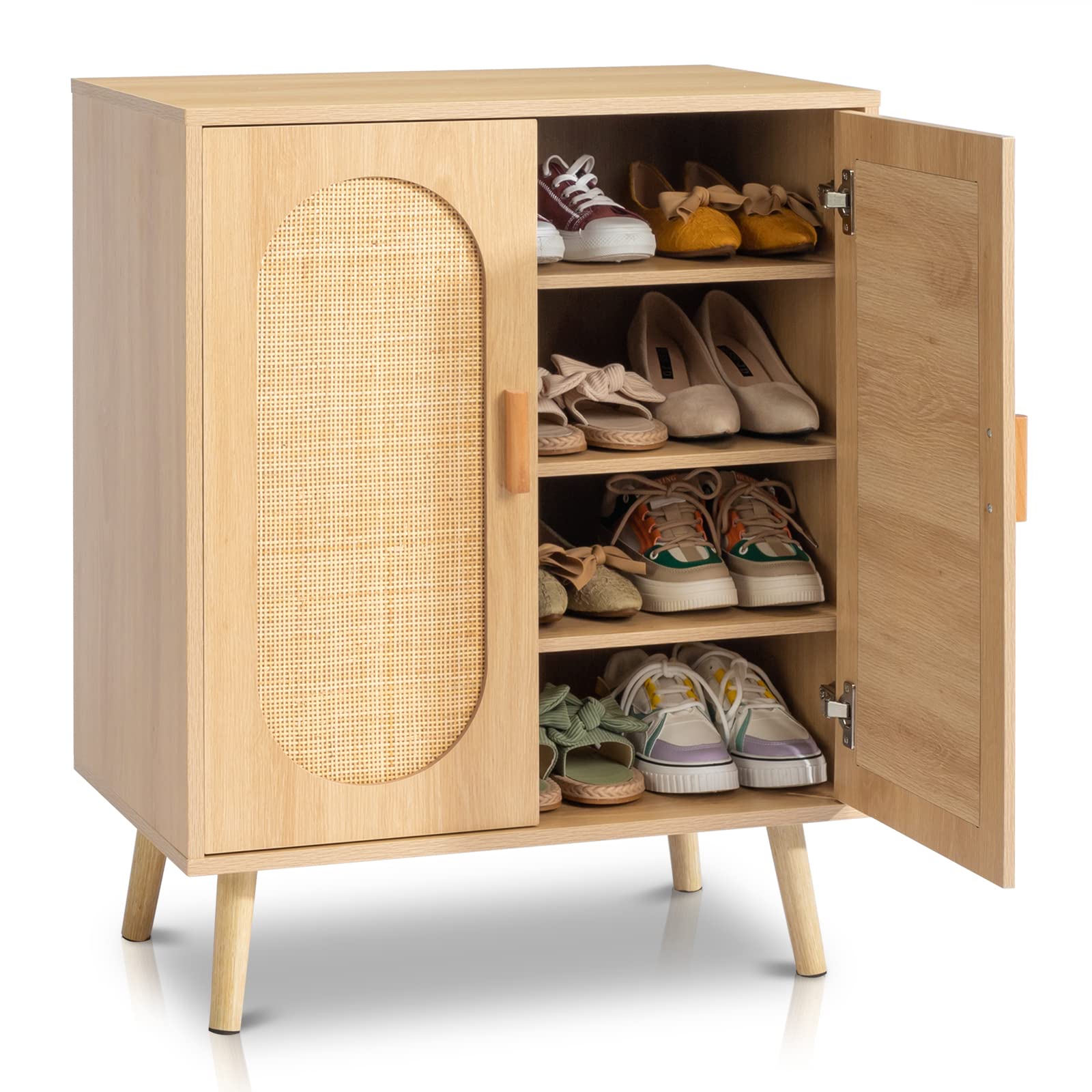AMZOSSRattan Shoe Cabinet, 2 Doors Shoe Storage Organizer Cabinet with Adjustable Shelves, 4-Tier Farmhouse Boho Wooden Shoes Rack Shoe Storage Cabinet for Entryway, Hallway, Closet, Living Room