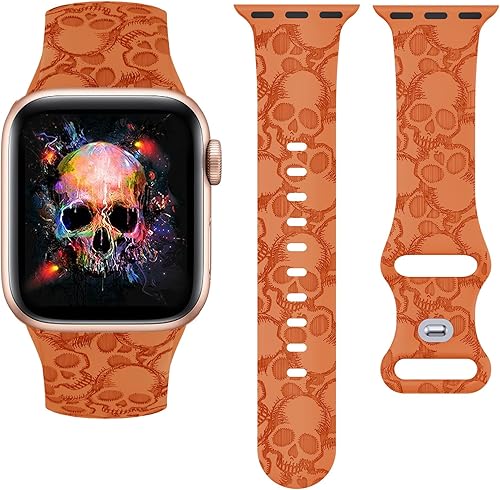 Correa de silicona grabada de calavera de Halloween compatible con Apple Watch Band de 1.614 in1.575 in1.496 in para mujeres, hombres y niños,