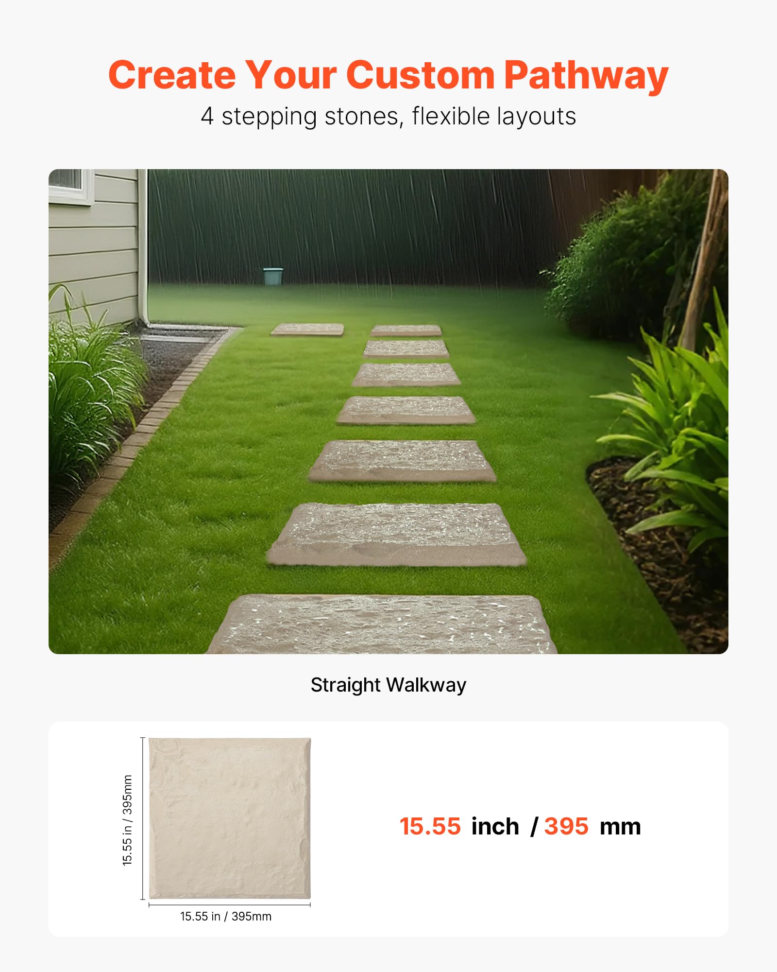 VEVOR Pierres de Marche Jardin, 4 PCS, Dalles de Pas Jardin, 39,5x39,5 cm, Aspect Pierre Naturelle en Résine PC ABS, avec Piquets de Sol, Pavés pour Allée Chemin Extérieure, Pelouse, Terrasse, Beige