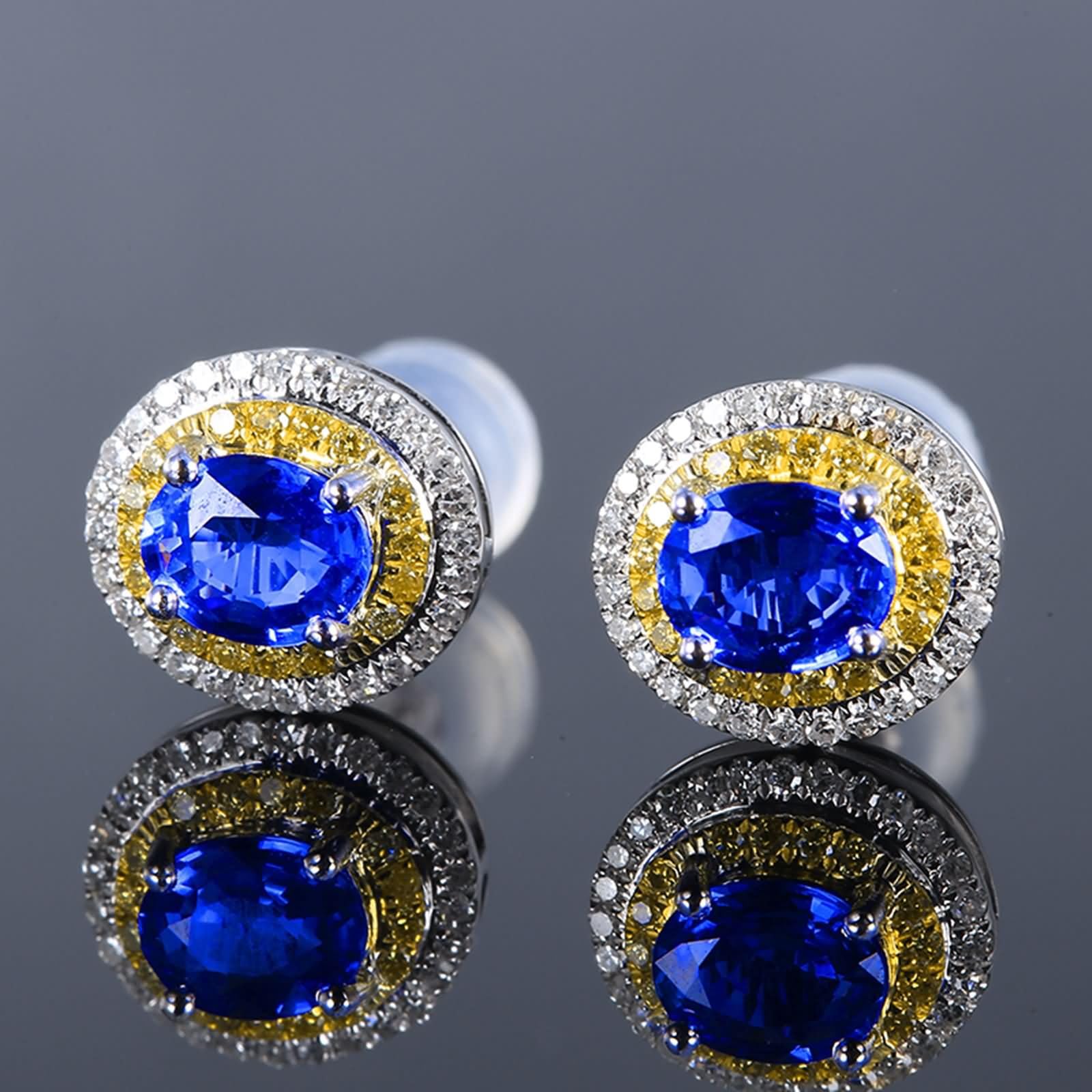 Pendientes para Mujer Oro Blanco 9 K / 14 K / 18 Kilates, Ovalado con Zafiro Creado y Moissanita, Pendientes de Mujer Plata Azul