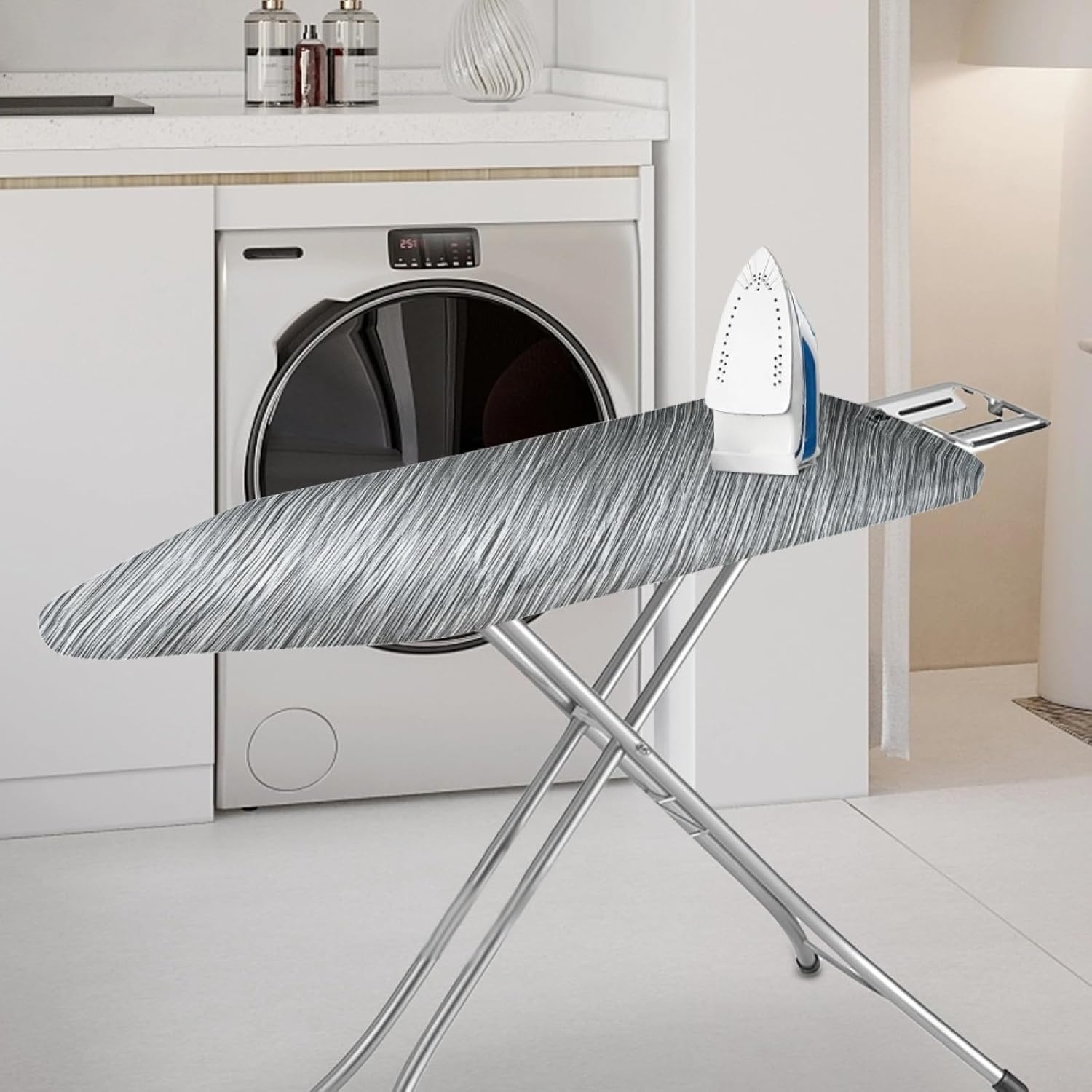 Large Ironing Board Cover and Pad 59x19 Lines Silver Gray Iron Table Cover with Padding,Extra Wide,Resist Scorching and Staining,Heatproof,Adjustable Fastener Durable Stain