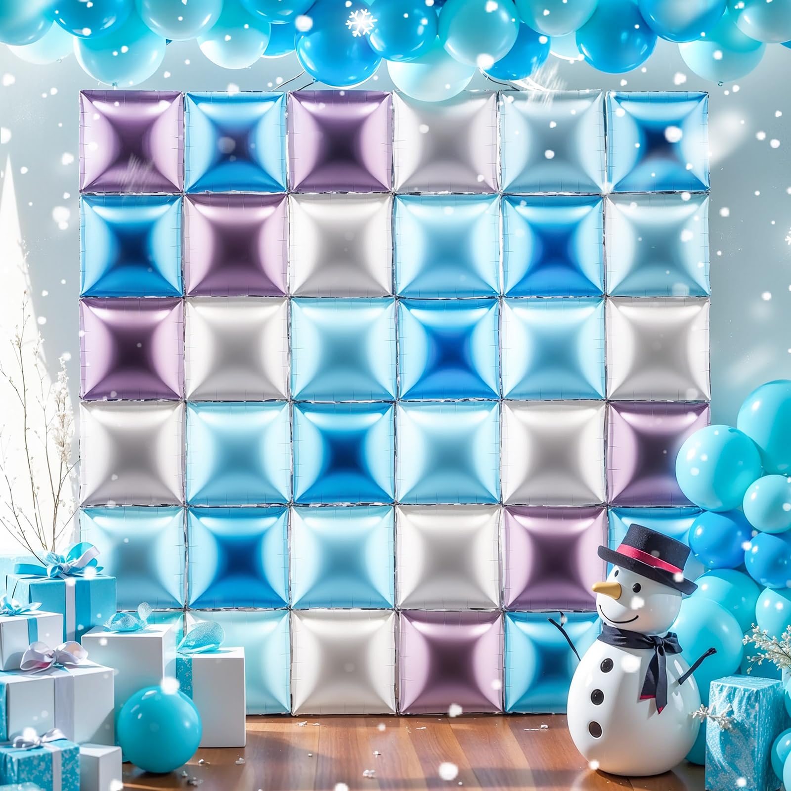 Charnoel 36 Pcs Winter Birthday Party Decorations Balloons Princess Snowflake Blue Purple Silver Brick Square Foil Balloon Wall Arch Kit Backdrop