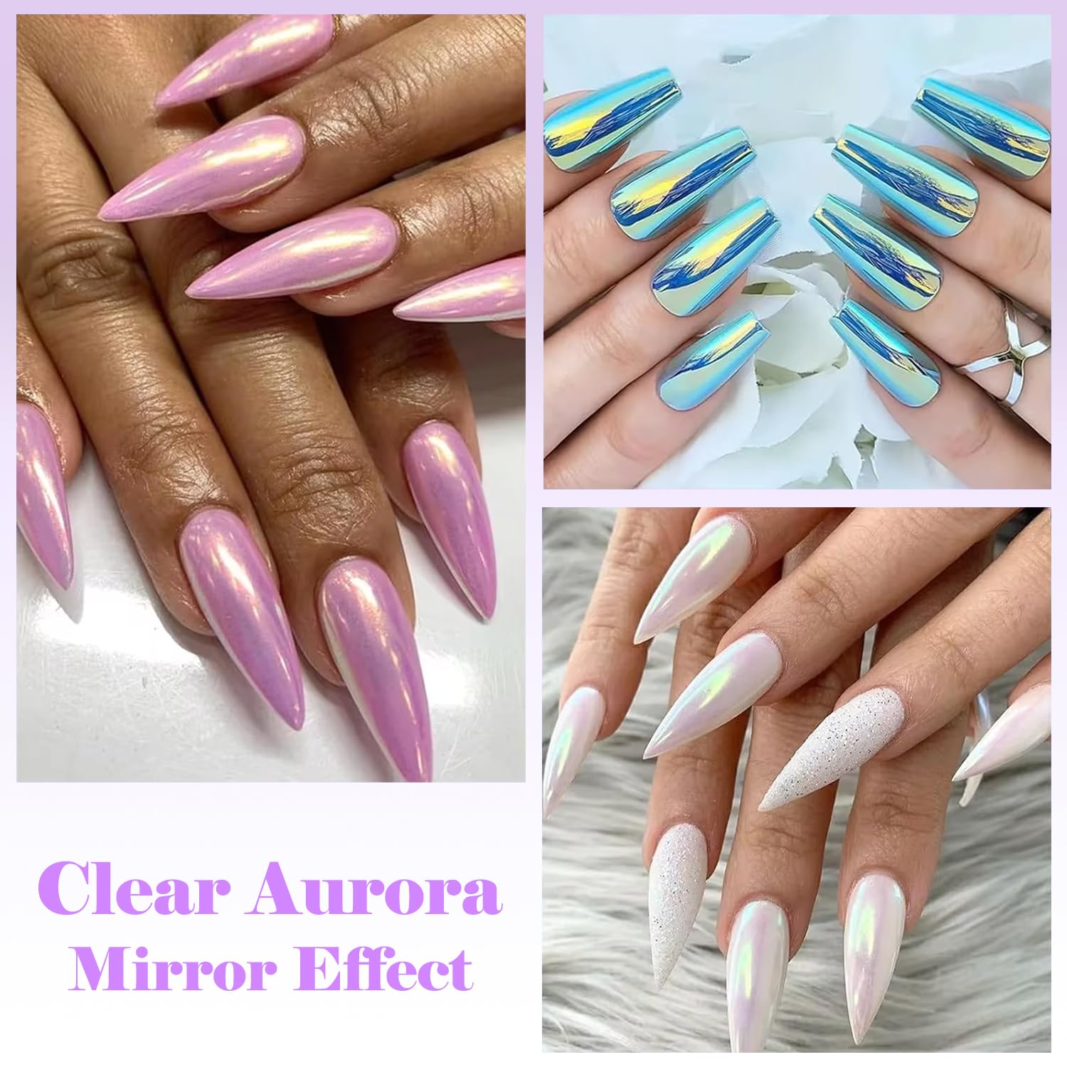6 Colors Unicorn Chrome Nail Powder Kit Clear Aurora Mermaid Mirror Effect Iridescent Pearl Pigment Chrome Powder for Gel Nails Polish Design with 3 Tools