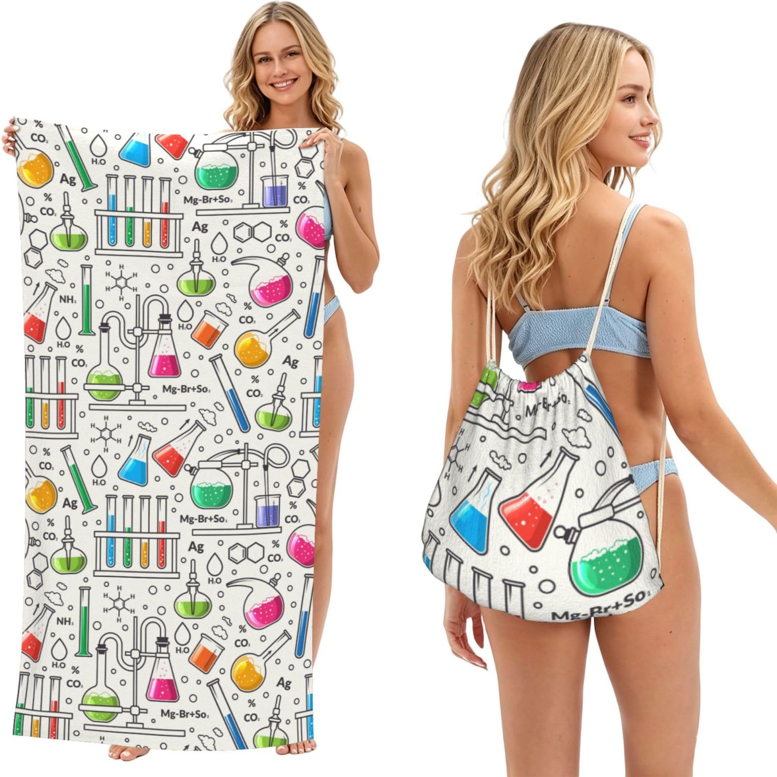 Poadnly As Picture Chemical Flask And Test Tube, 2 In 1 Packable Towel Bag, Beach Towels With Drawstring Backpack For Travel Holiday Camping