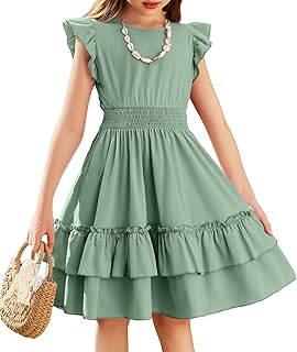 Arshiner Girls Dresses Flutter Sleeve A-Line Sundress Casual Summer Tiered Swing Midi Pocket Dress - Buy now