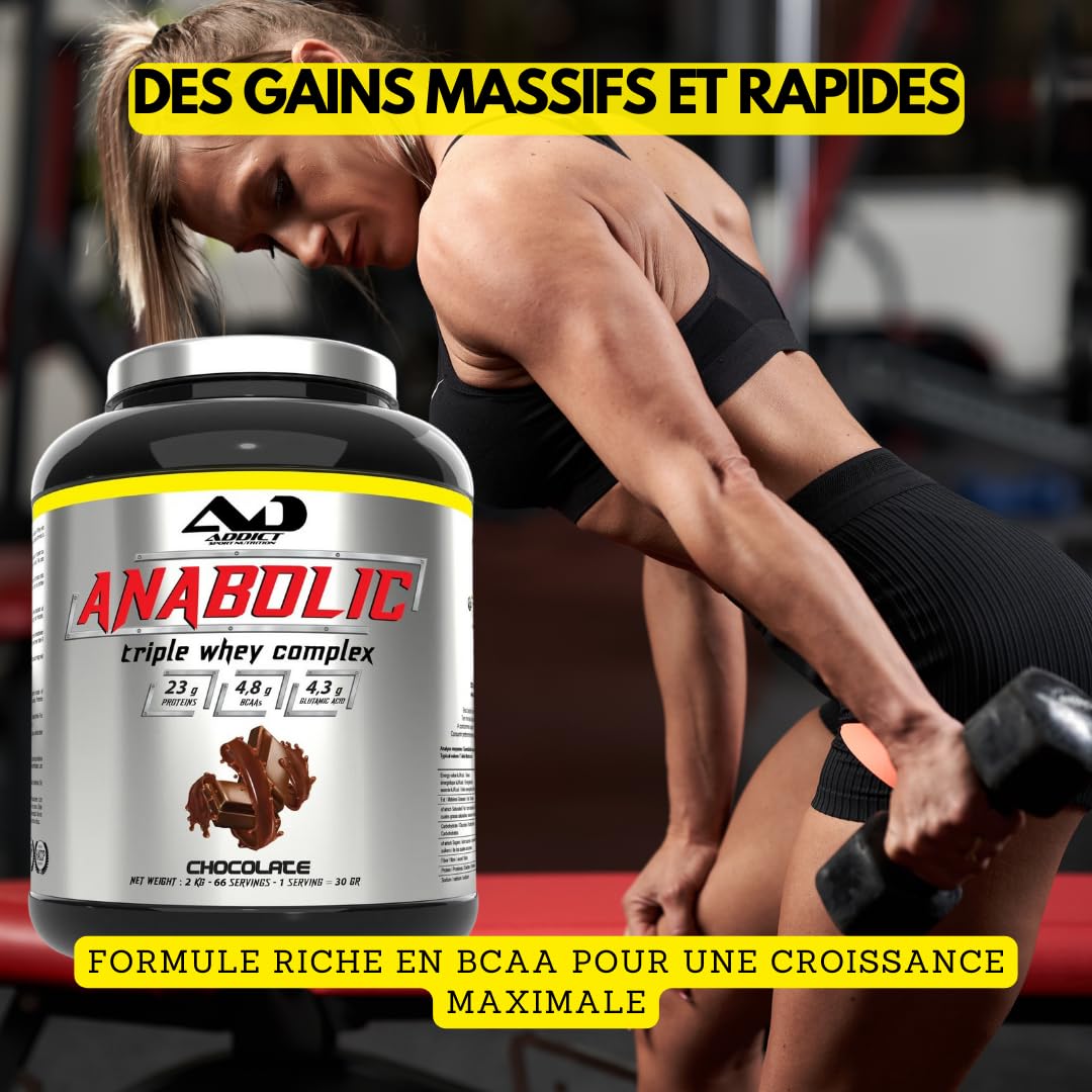 Addict sport nutrition - Anabolic whey - Protéine de lactosérum concentrée, isolée et hydrolysée - Protéine pure - BCAA - Glutamine - Croissance musculaire et récupération - 1kg - Cookie N'cream