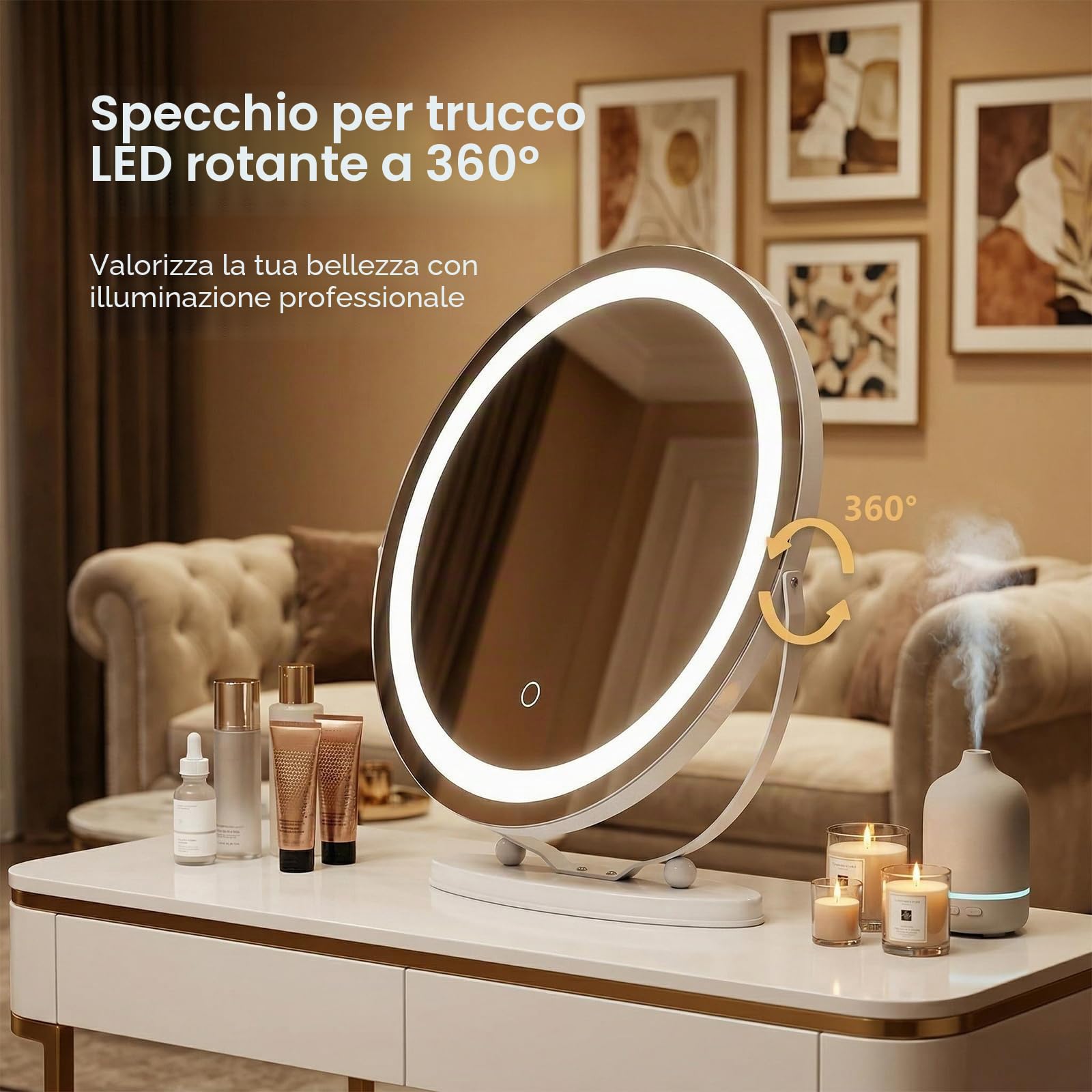 Hollywood - Specchio cosmetico con luci, 48 cm, rotondo, LED, con 3 modalità di illuminazione, ingrandimento 10x, controllo touch, luce dimmerabile, rotazione a 360°,bianco