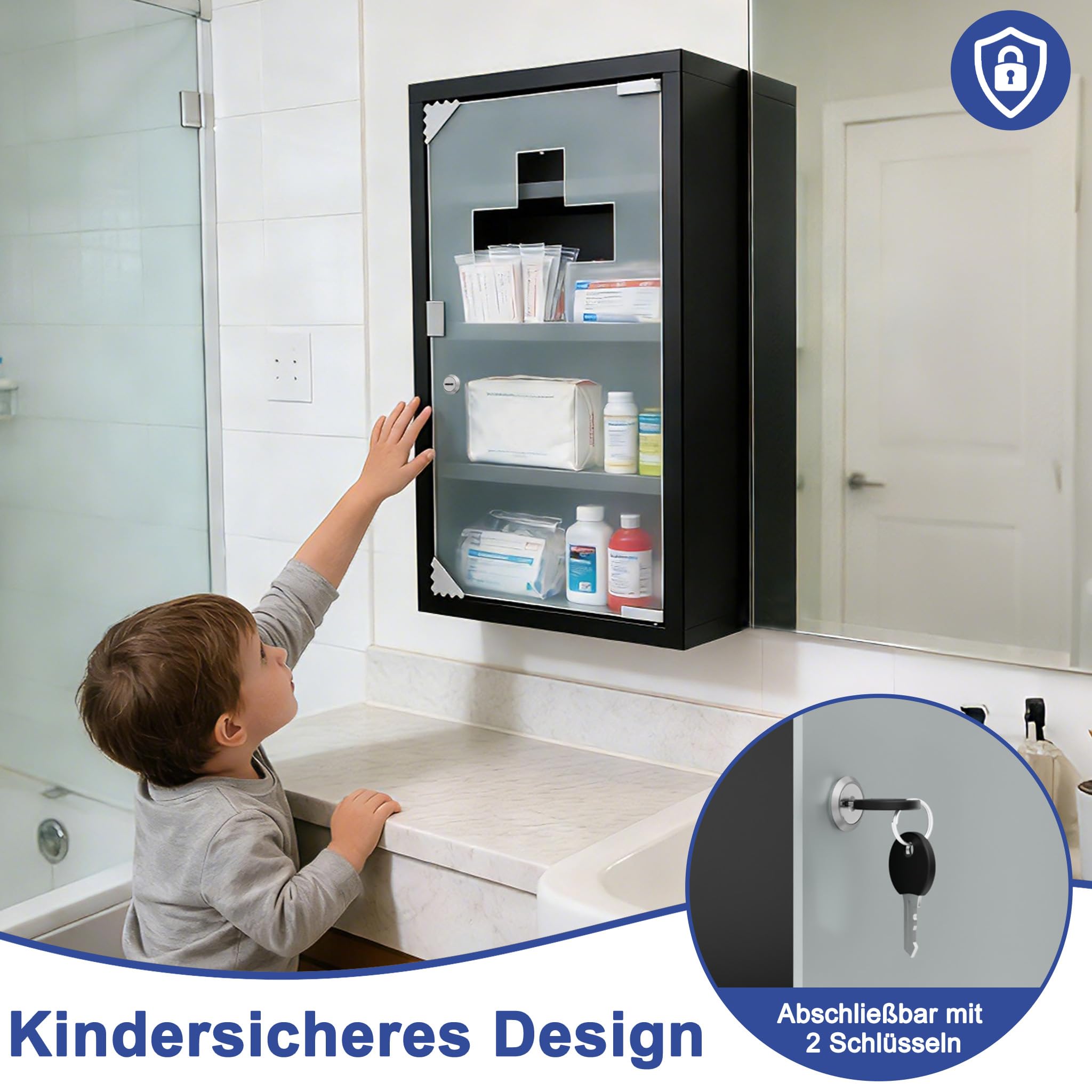 AufuN Armoire à pharmacie en acier inoxydable avec porte en verre, de nombreux compartiments pour la maison (4 compartiments, noir)