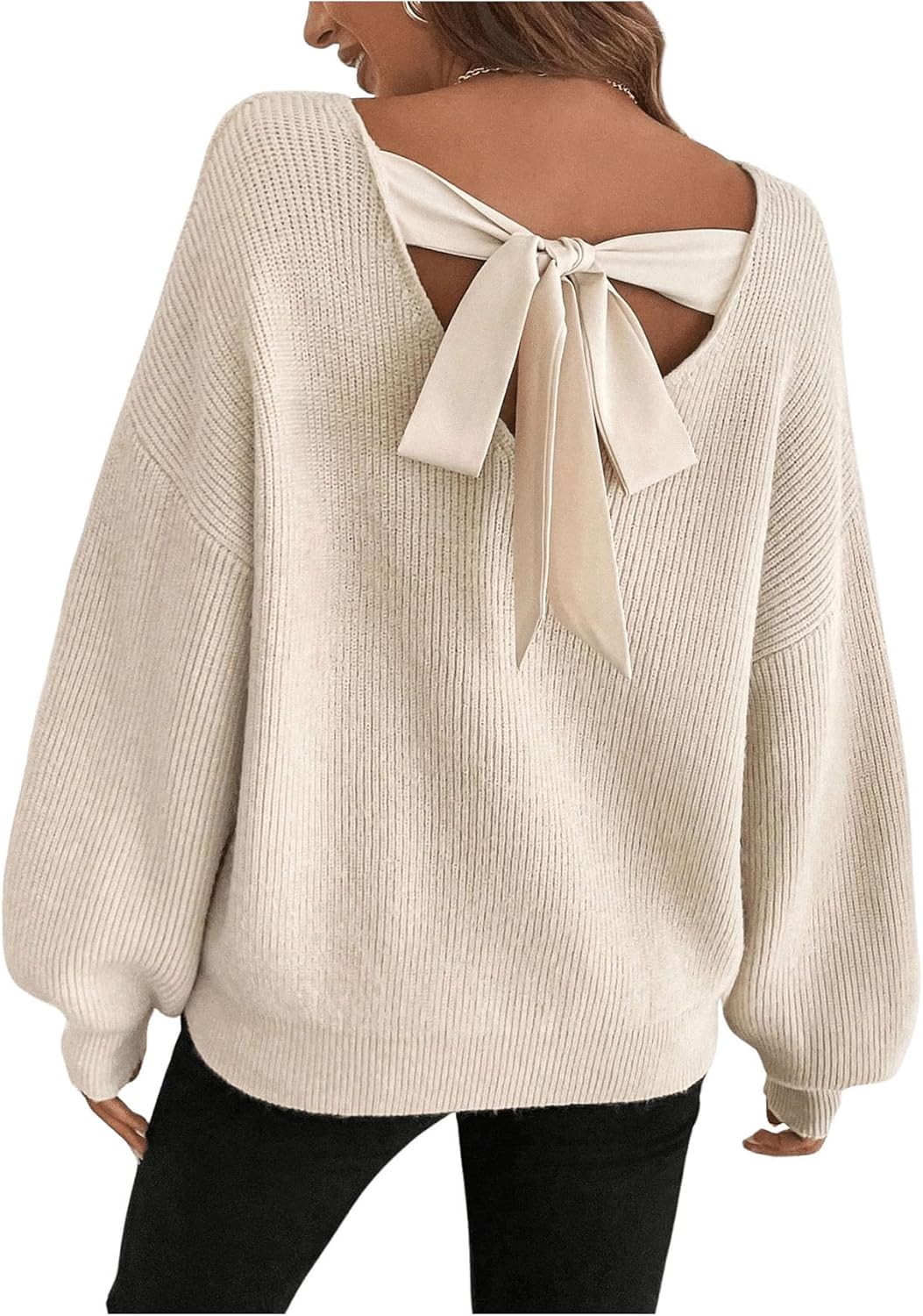 GORGLITTER Women's Bow Fall Sweaters 2025 Cable Knit Chunky Oversized Long Sleeve Backless V Neck Pullover Tops