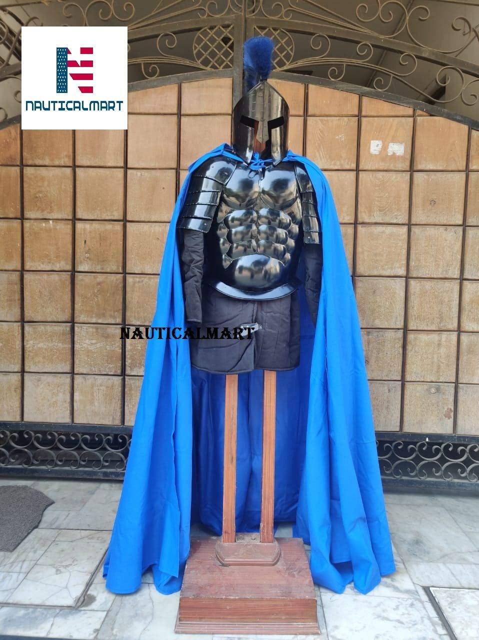 Nautical-Mart Roman Black Antique Muscle Armor Jacket with Shoulder Guard 300 Spartan Helmet, Royal Blue Cape, Gambeson
