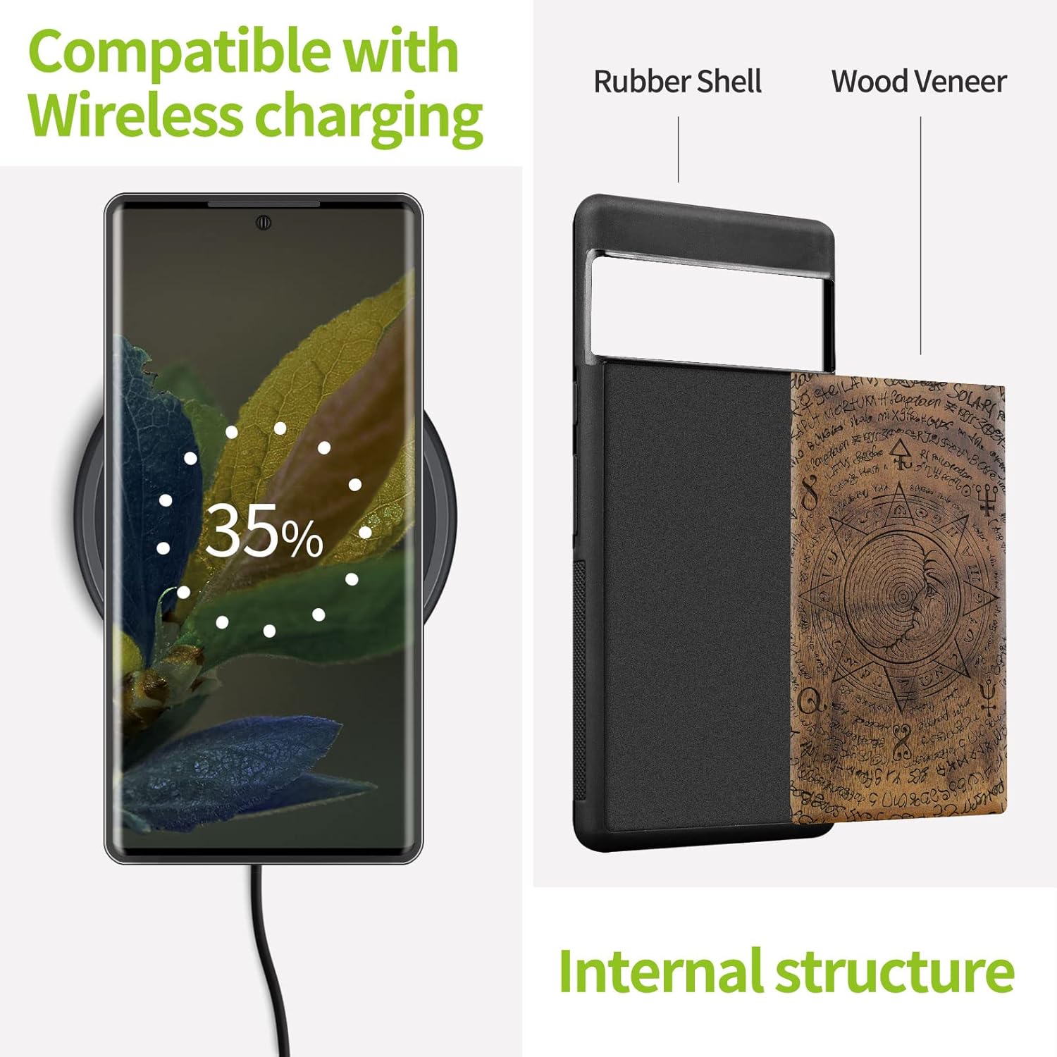Carveit Wood Case for Pixel 6 Pro Case [Natural Wood & Black Soft TPU] Shockproof Protective Wooden Cover Compatible with Google Pixel 6 Pro (The Moon of Old Manuscript-Walnut)
