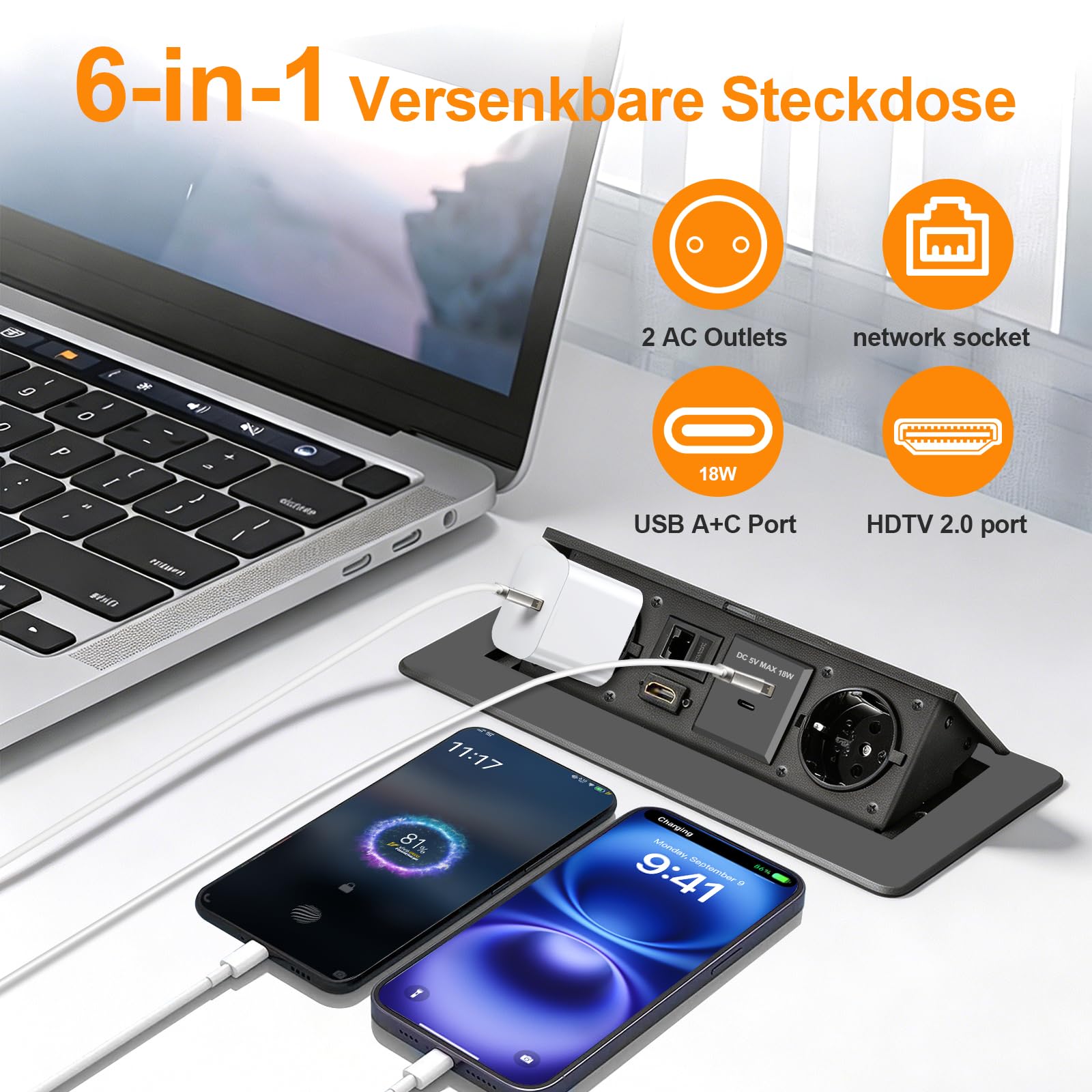 Prise escamotable avec couvercle, 2 prises Schuko, USB-A & USB-C, connecteur RJ45 et HDMI 2.0, câble de 1,5 m, idéal pour bureau, table de conférence, cuisine et bureau à domicile