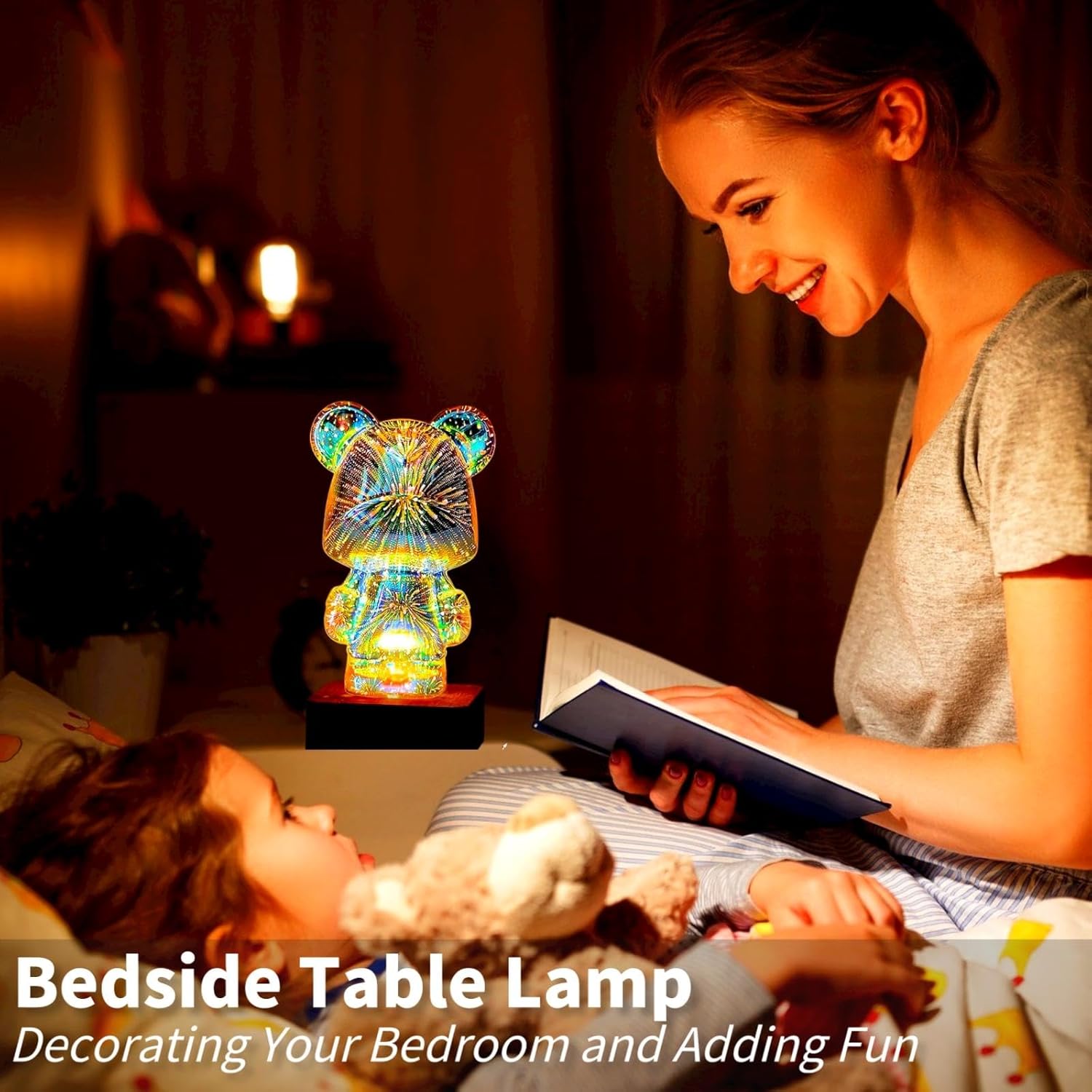 Twinkle Bear Lamp, 3D Firework Bear Light Decorative Nightstand Table Lamp Color Changing Cute Room Decor LED Bedroom Lamp for Kids Room, Home, Office, Nursery (Large Head)