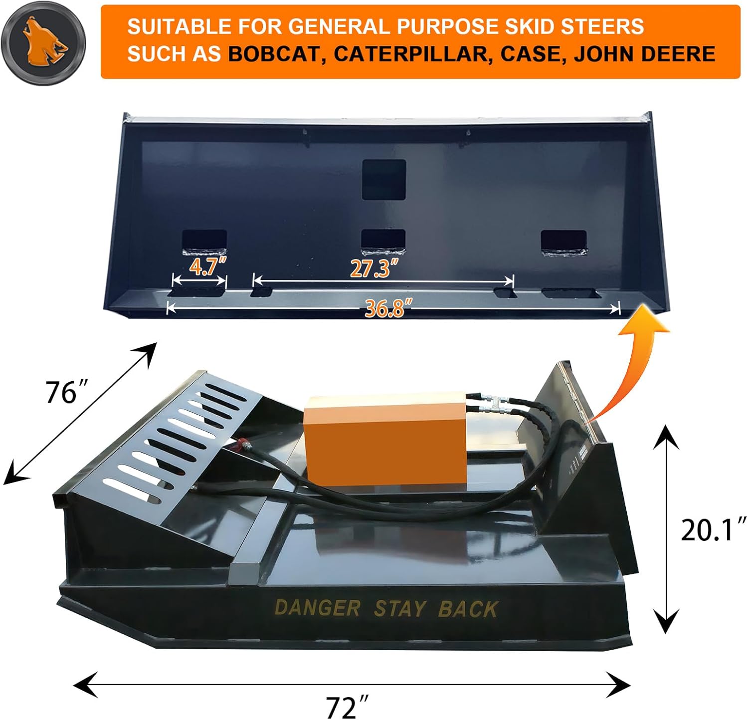 72" Wide Skid Steer Brush Cutter Attachment - 66" Cutting Width, 3" Dia Material Cut, 2 Bi-Directional Blades, 25HP Gear Box, Stump Jumper