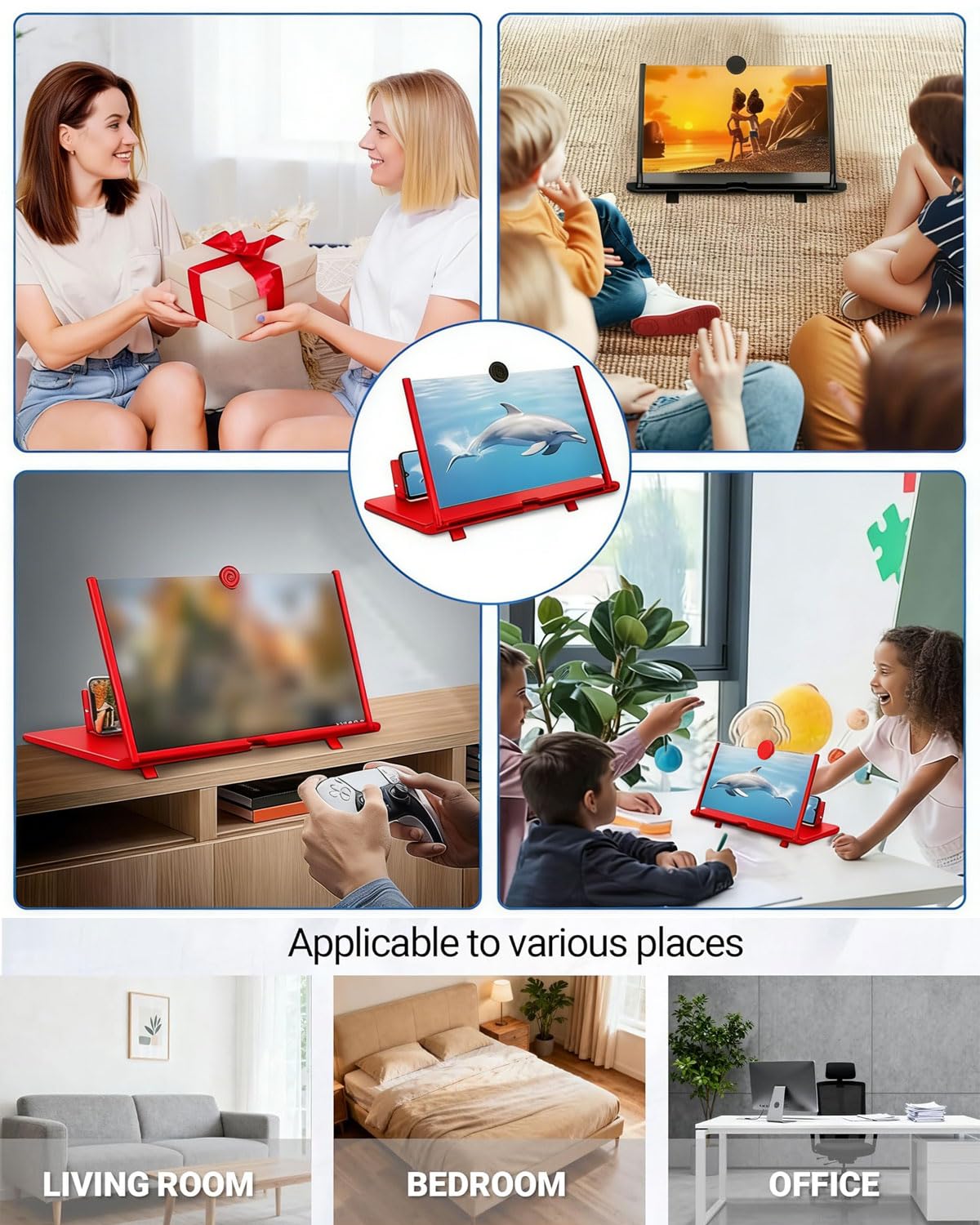 12 pollici Lente ingrandimento Smartphone, 3D HD lente ingrandimento per cellulare, ingrandimento schermo cellulare, Pieghevole, Anti-blu, compatibile con tutti gli smartphone,Nero (rosso)