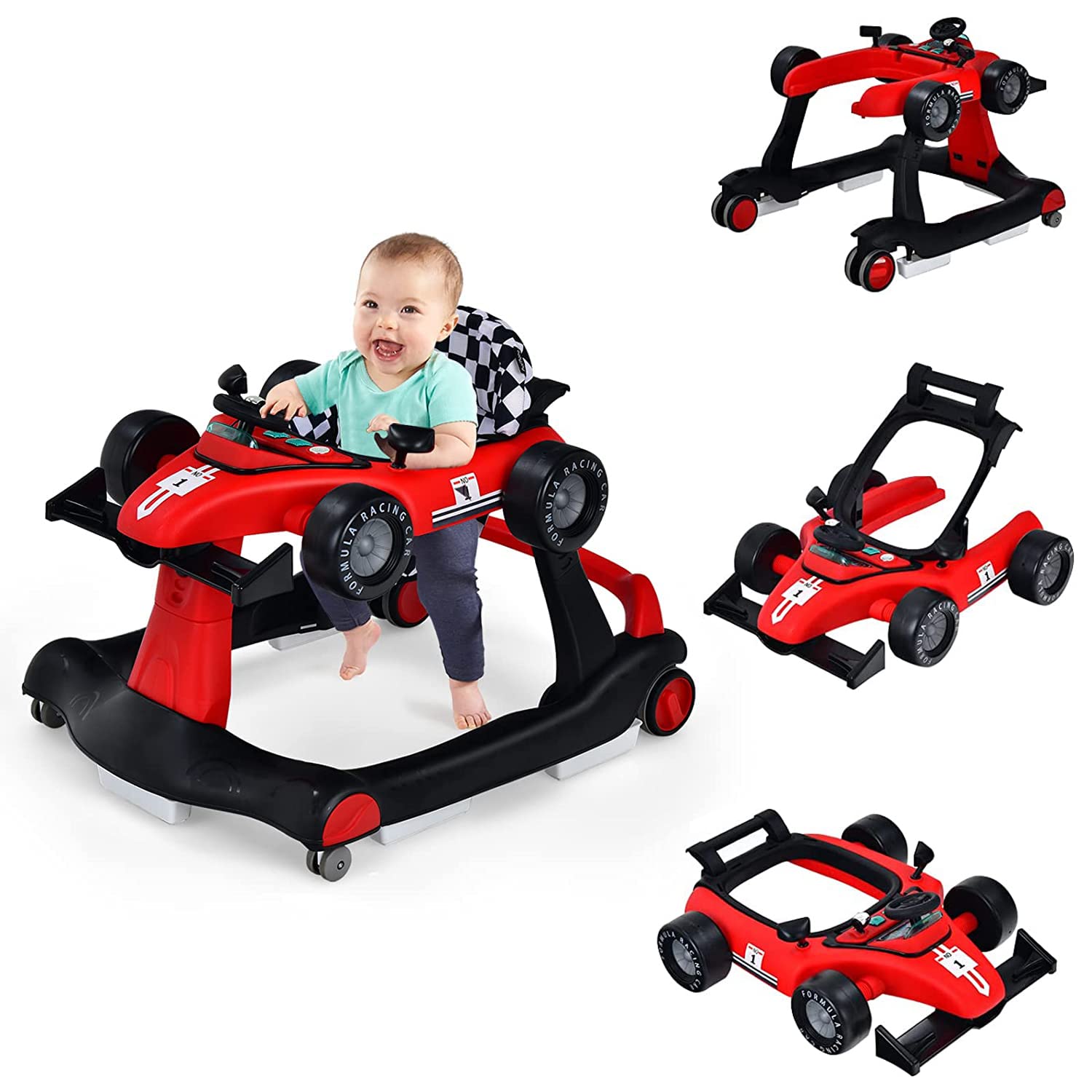 SKADE 4-in-1 Baby Walker, Foldable Activity Walker 3 Adjustable Height & Speed, Comfy Padded Seat, Lights & Music, Fun Toddler Push Car, Walker with Wheels, Baby Standing Toy for Boys Girls (Red)