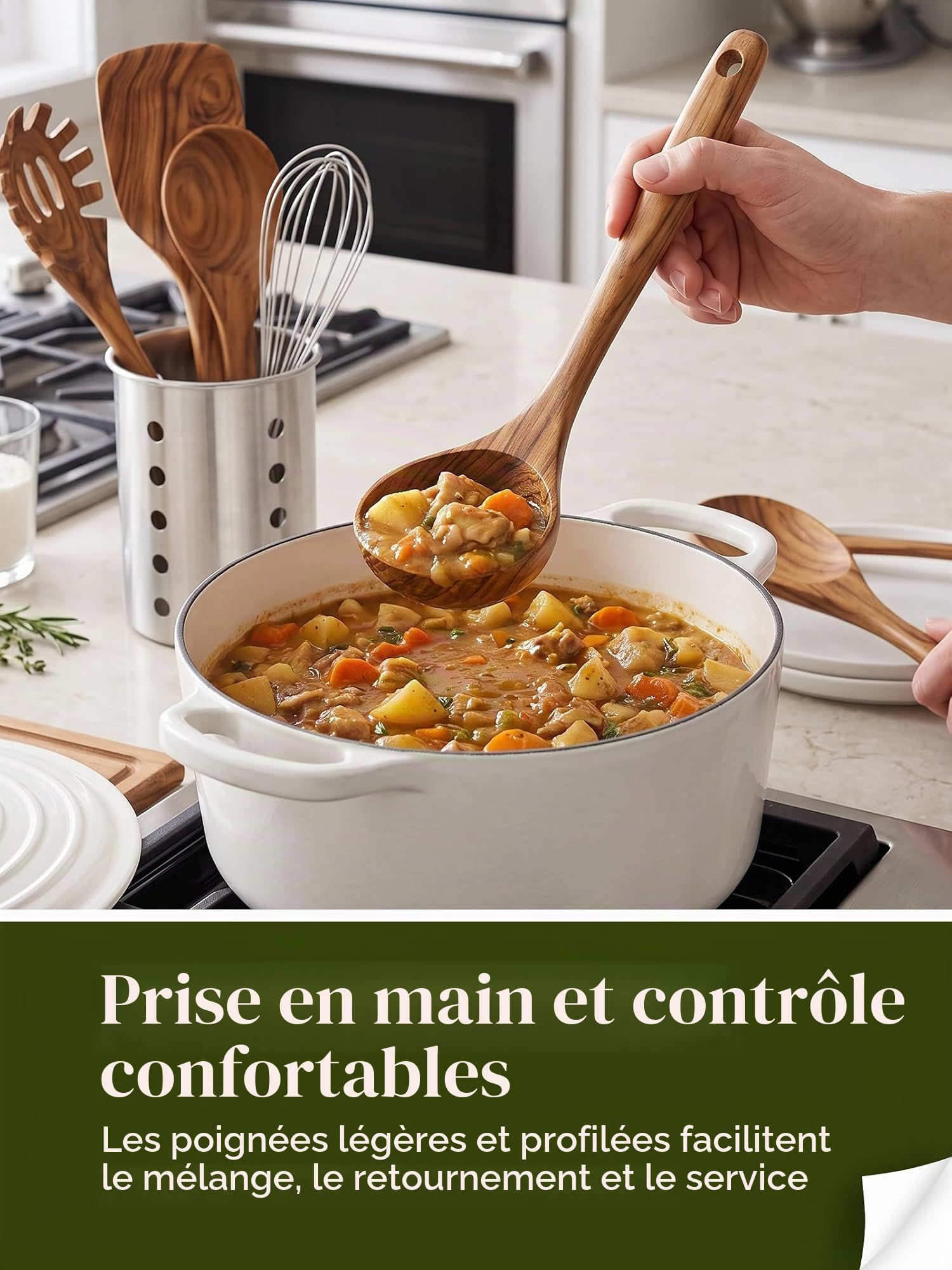 Ensemble d'ustensiles de cuisine avec support, ustensiles de cuisine en bois pour la cuisine, ustensiles en bois de teck naturel pour la cuisine, ensemble d'ustensiles de cuisine en bois avec spatule