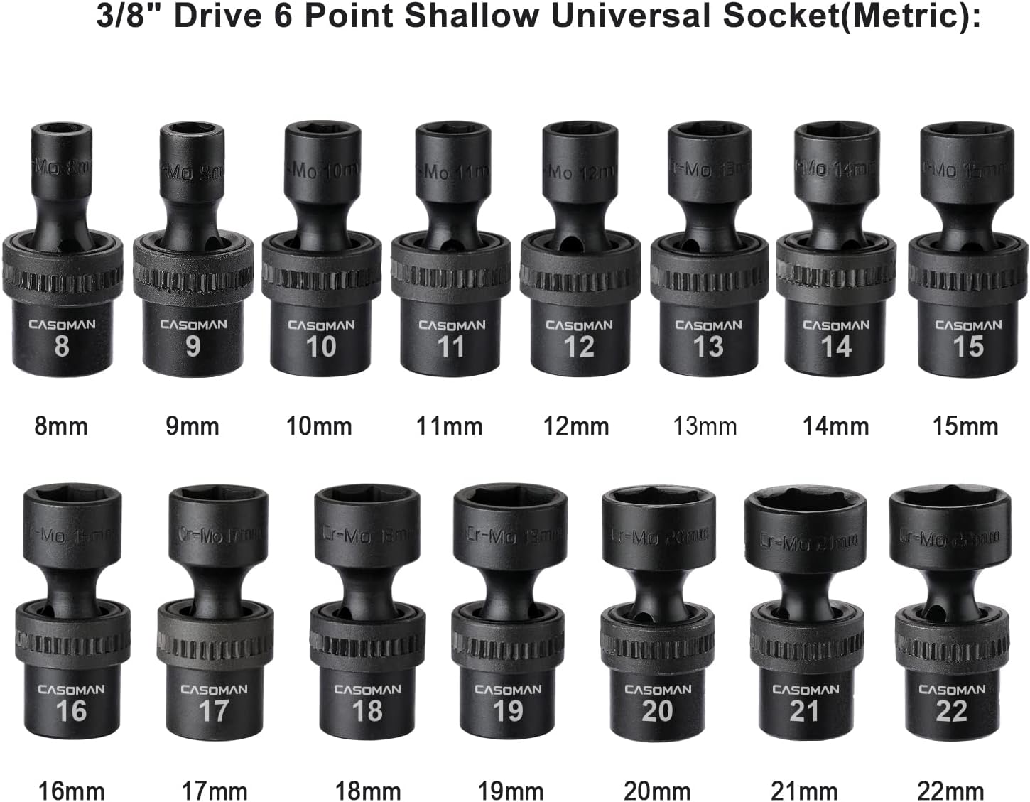 CASOMAN 15 PCS 3/8" Drive Standard Universal Impact Socket Set, 6 Point, Metric,8-22mm & CASOMAN 12 Pieces 3/8-Inch Drive Shallow Universal Impact Socket Set, SAE, 5/16"-1", CR-MO, Swivel Socket