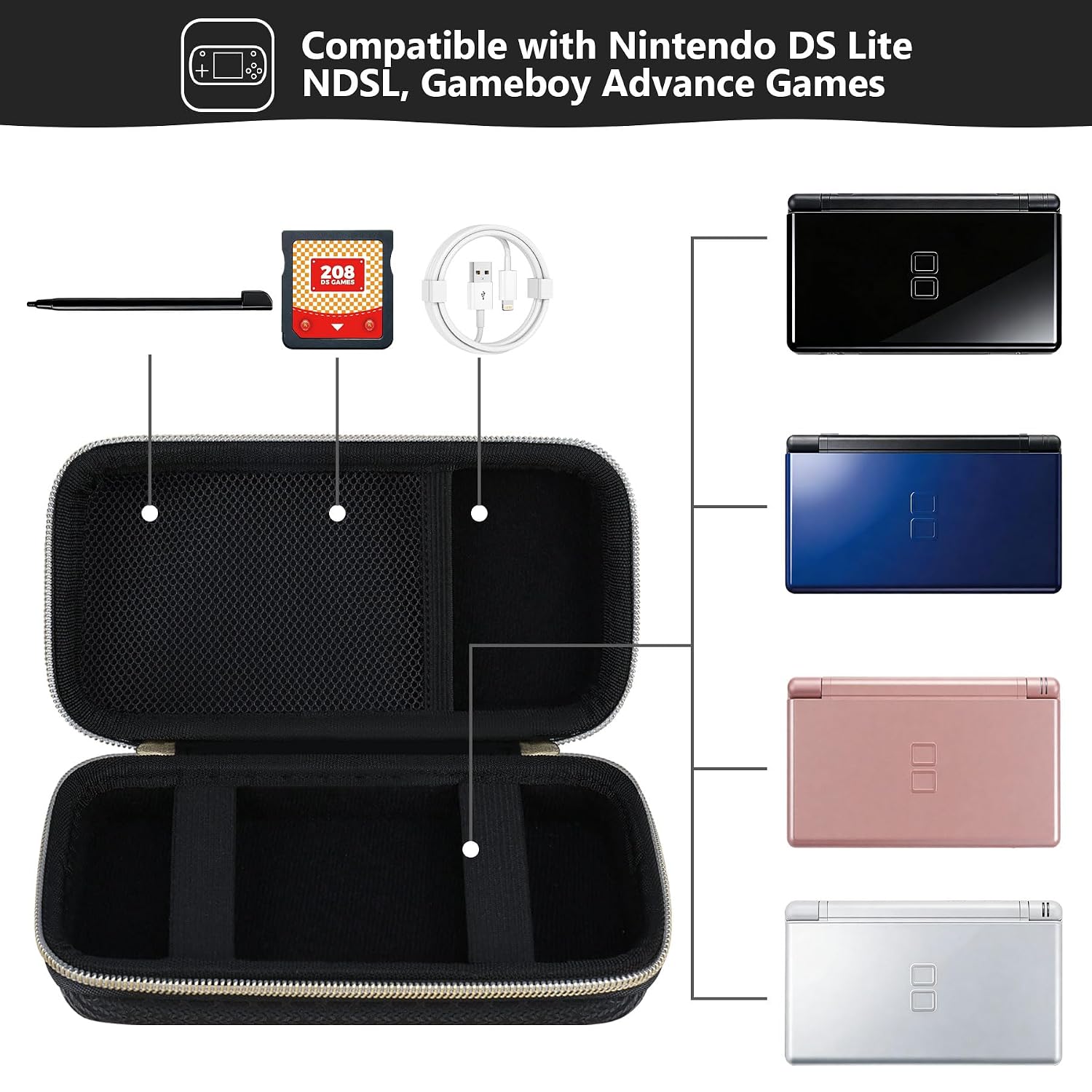 Supmay Hard Carrying Case Compatible with Nintendo DS Lite NDSL, Gameboy Advance Games Storage Holder Travel Bag with Mesh Pocket for USB Charging Cable, Stylus, Earphones, Game Cartridge, Black