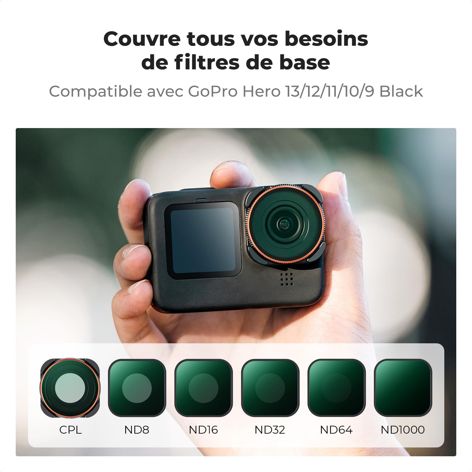 K&F Concept Filtre CPL ND8 ND16 ND32 ND64 ND1000 Compatible avec Gopro Hero 9/10/11/12/13 Verre Optique Cadre Plastique HD Étanche Anti-Rayures