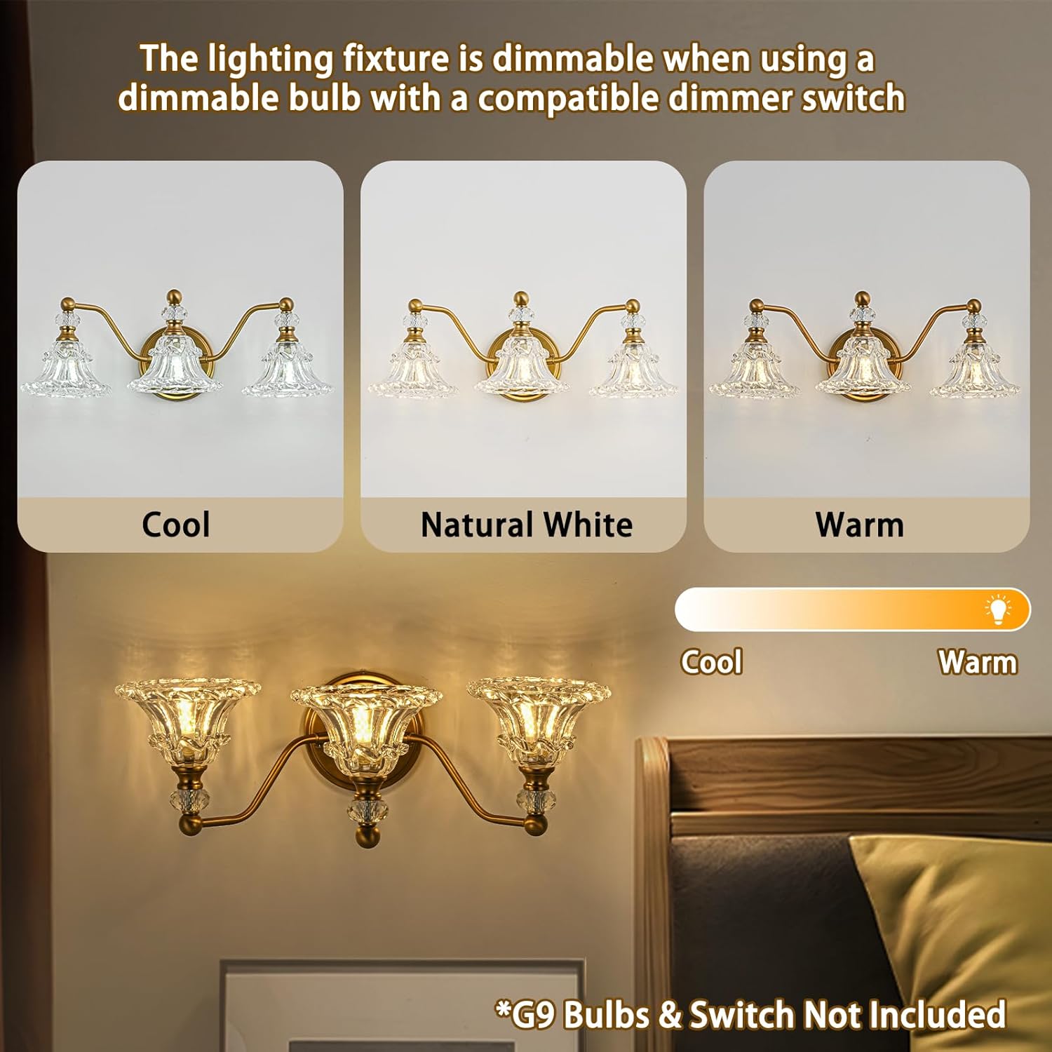 Vintage 3-Light Bathroom Vanity Light Fixture, Vintage Vanity Light with Crystal Glass Shade in Matte Antique Brass Finish, 3-Light Retro Bathroom Light Fixture