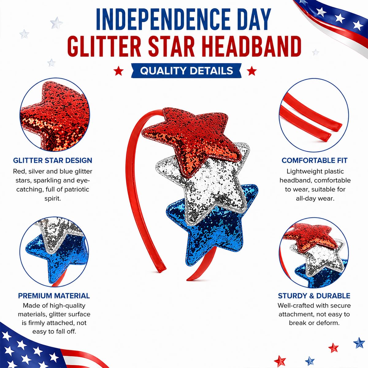 4th of July Star Headband for Women Glitter Patriotic HairBands Red White Blue Headpiece Bling Independence Day Hair Accessories Decoration for Parade Memorial Day US Celebration Party gift Supplies