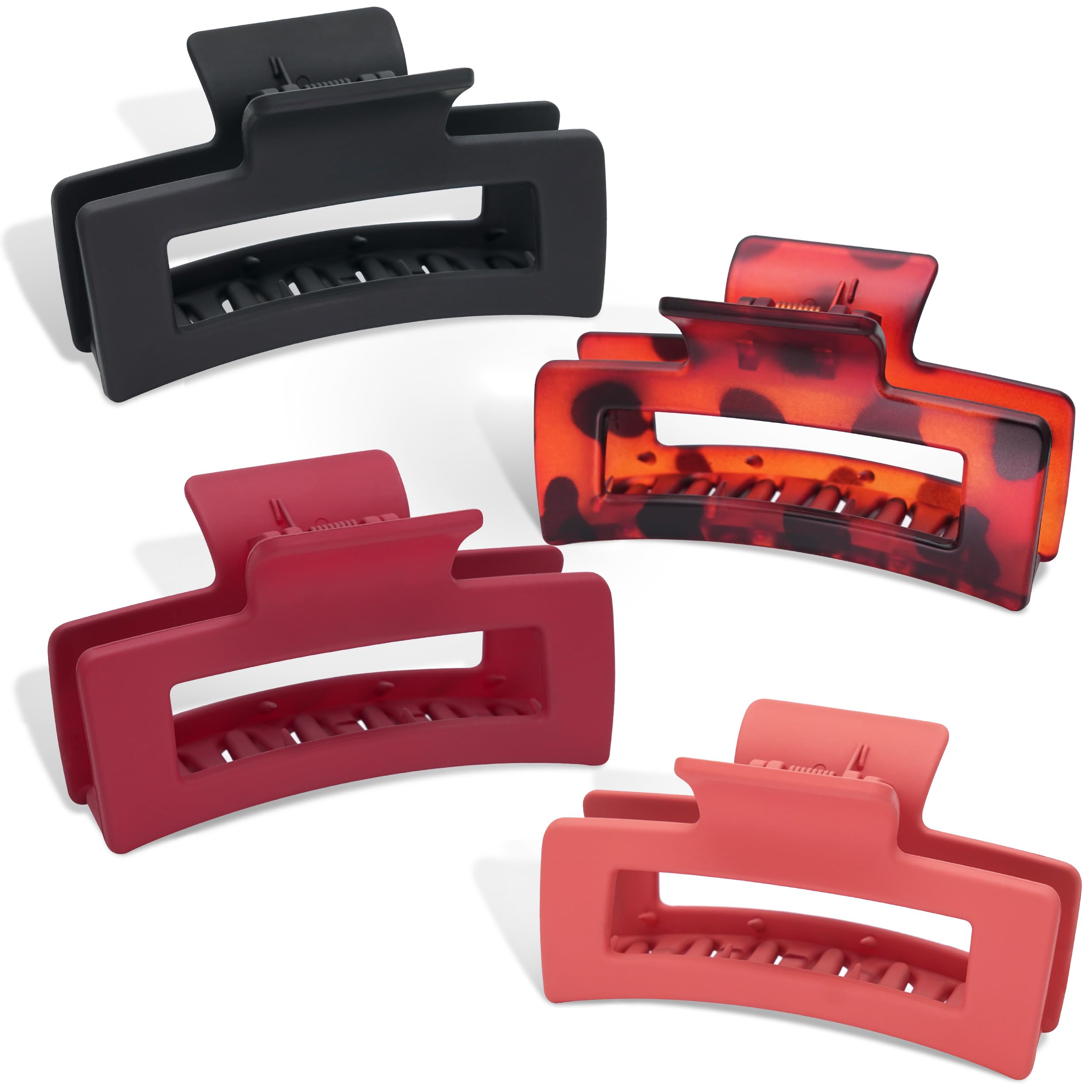 Qooocy Rectangle Hair Claw Clips Large 4 Inch Matte Clear No Slip Big Jaw Clip Multi-Colored for Thick Hair Women and Girls, 4 Pack, Tulip