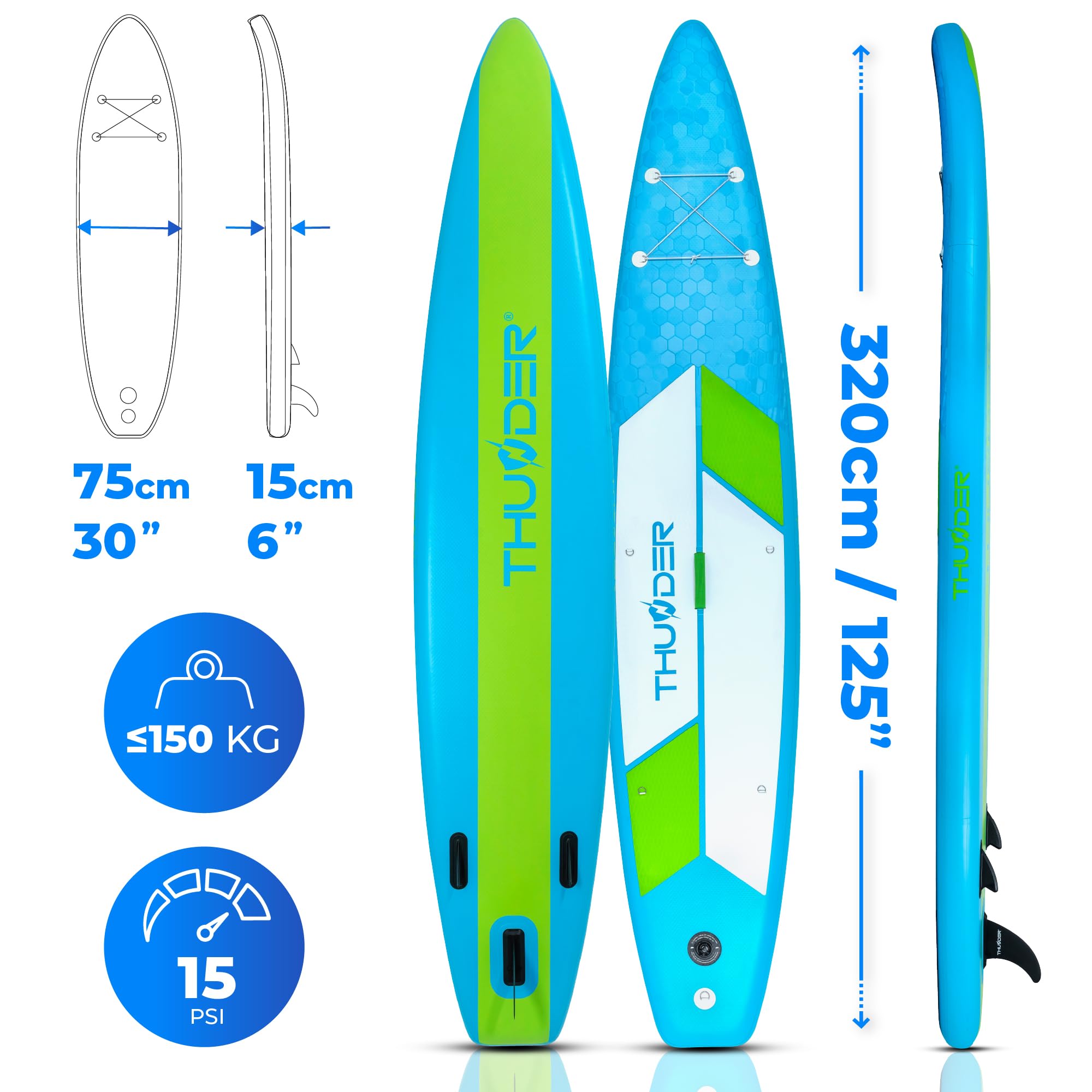 THUNDER - Tabla Sup inflable de 380 cm con asiento kayak – Stand Up Paddle Board Set con bomba, remo y mochila – Sup Touring para adultos y principiantes hasta 150 kg