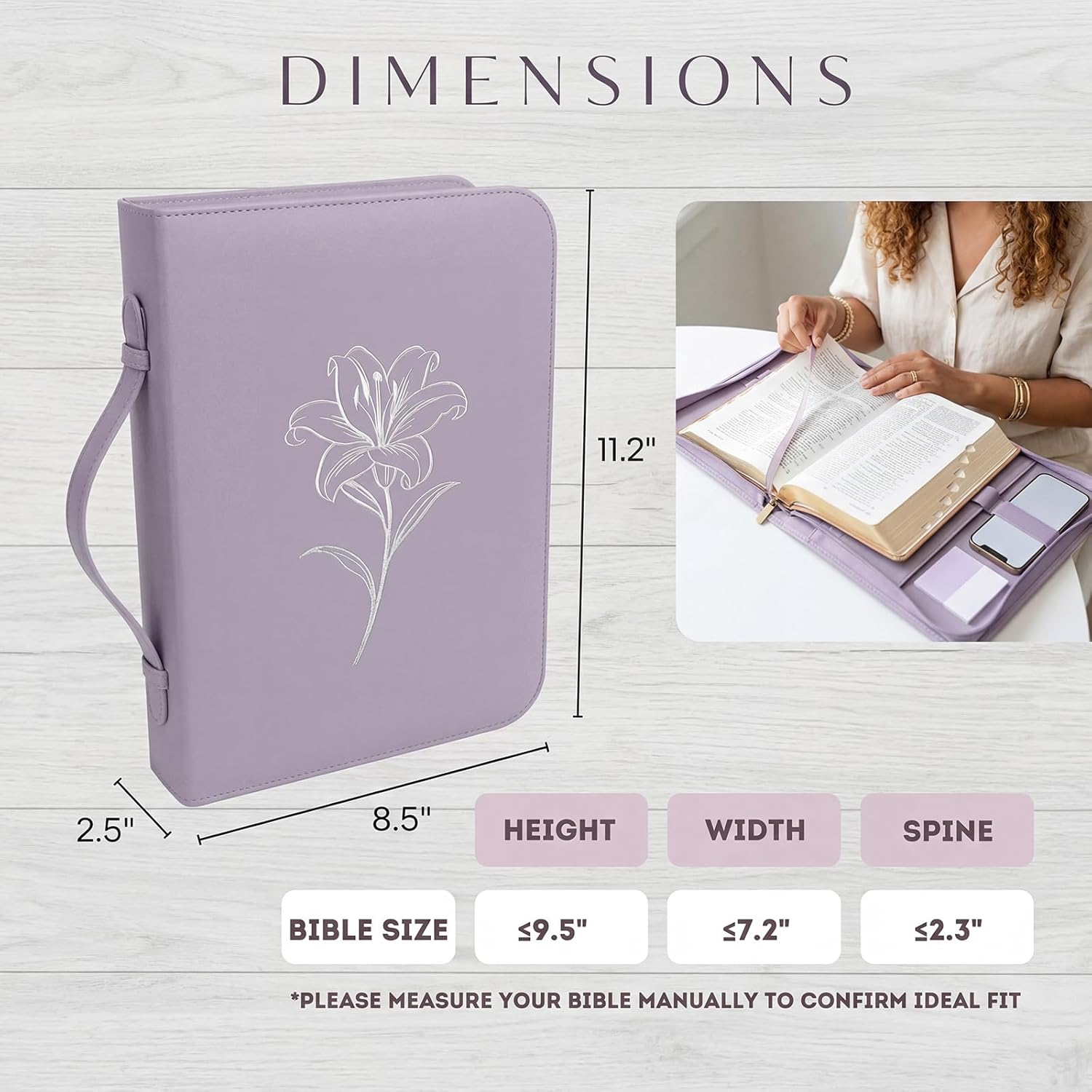 Large Bible Cover for Women, Large PU Leather Bible Case with Elegant Embossed Floral Pattern, Interior Pockets for Phone Pen & Notebook, Elastic Strap, Christian Gifts for Women(Purple)