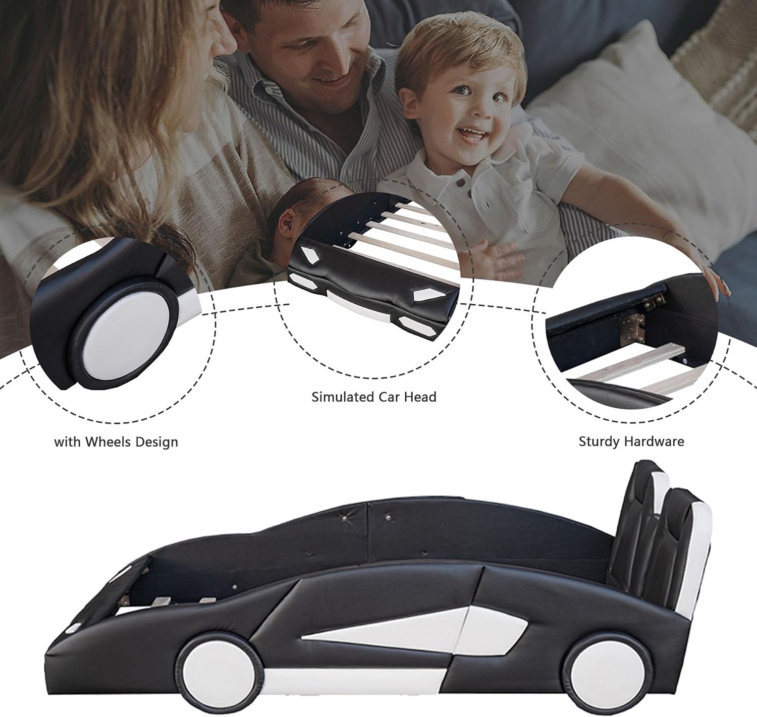 Twin Size Race Car Bed with Wheels, Upholstered Twin Bed Frame for Kids Boys Girls, No Box Spring Needed (Black)